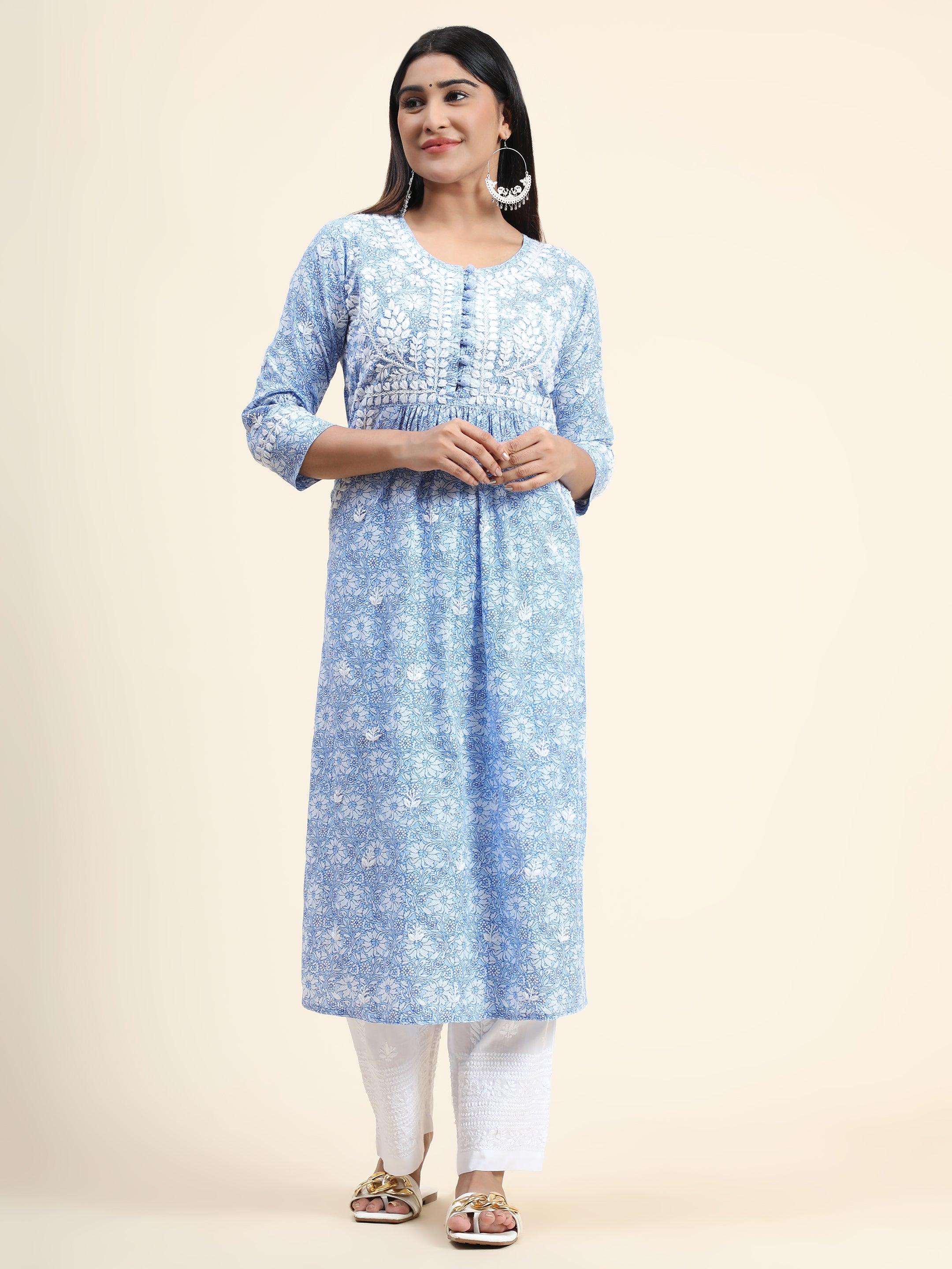 Hand Embroidered Chikankari Long Kurta for Women - Elegant White Printed Traditional Indian Tunic - Perfect for Festivals, Weddings & Casual Wear
