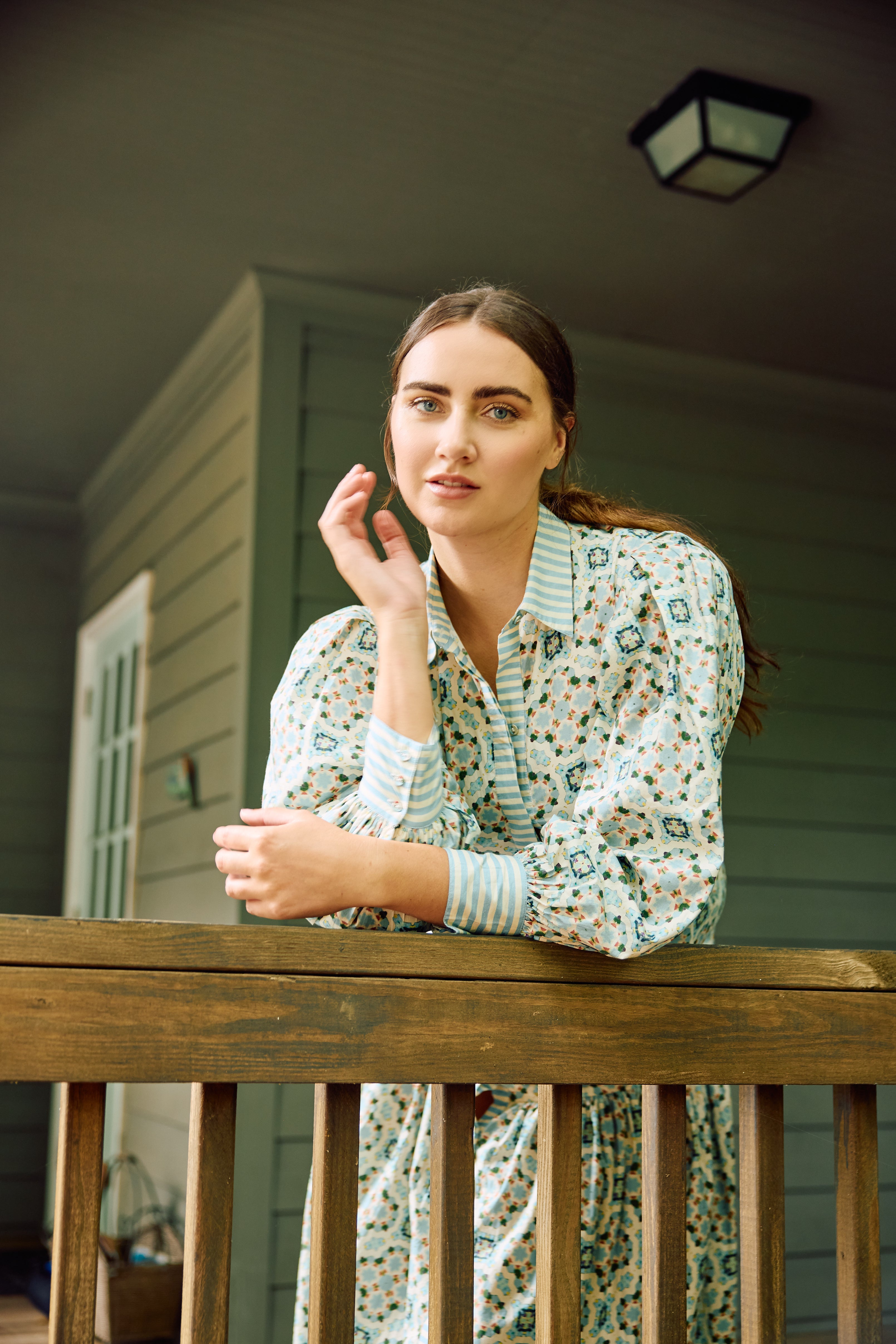 Laura Long Sleeve Quatrefoil Print Dress in Blue & Ivory - Elegant Office Wear & Casual Party Outfit