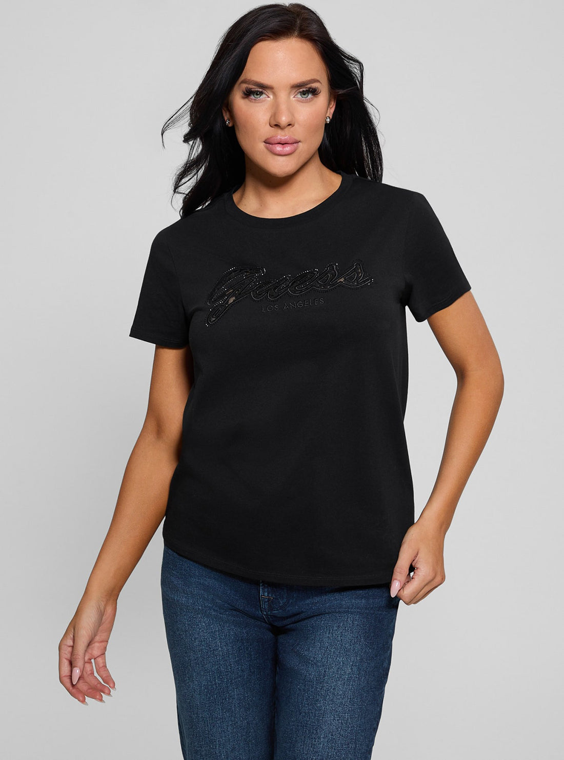Eco-Friendly Black Script Lace Logo T-Shirt for Women - Casual Cotton Tee for Everyday Wear, Street Style & Layering