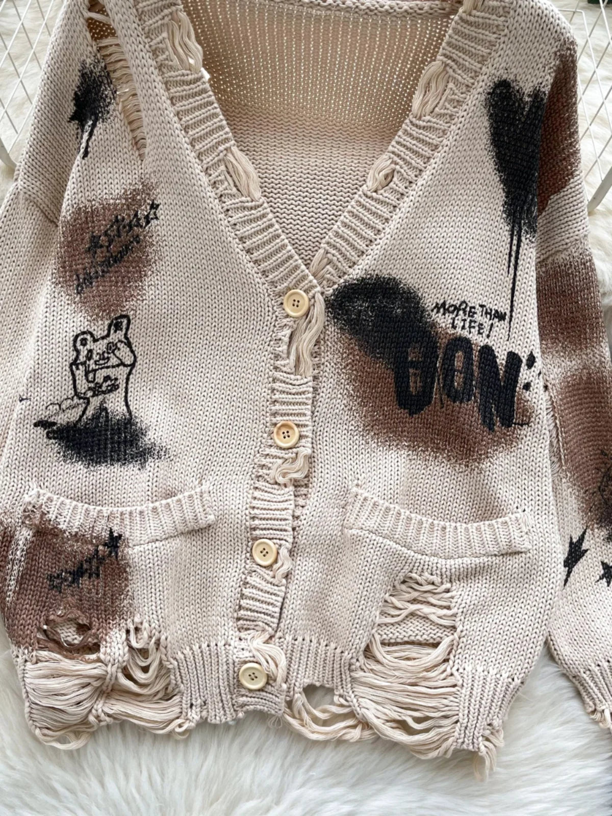 Women's Beige Graffiti Print Long Sleeve Cardigan Sweater - Korean Style Loose Knit Button Up Top for Autumn Winter Fashion | Casual Outfit, Office Wear, Coffee Date & Street Style
