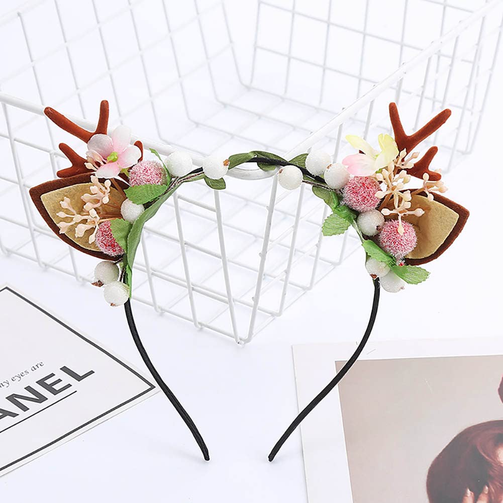 Wedity Christmas Antlers Hair Accessories - Xmas Party Berry Flower Hair Hoop Headband for Women & Girls | Perfect for Holiday Parties, Festive Photos & Christmas Costumes