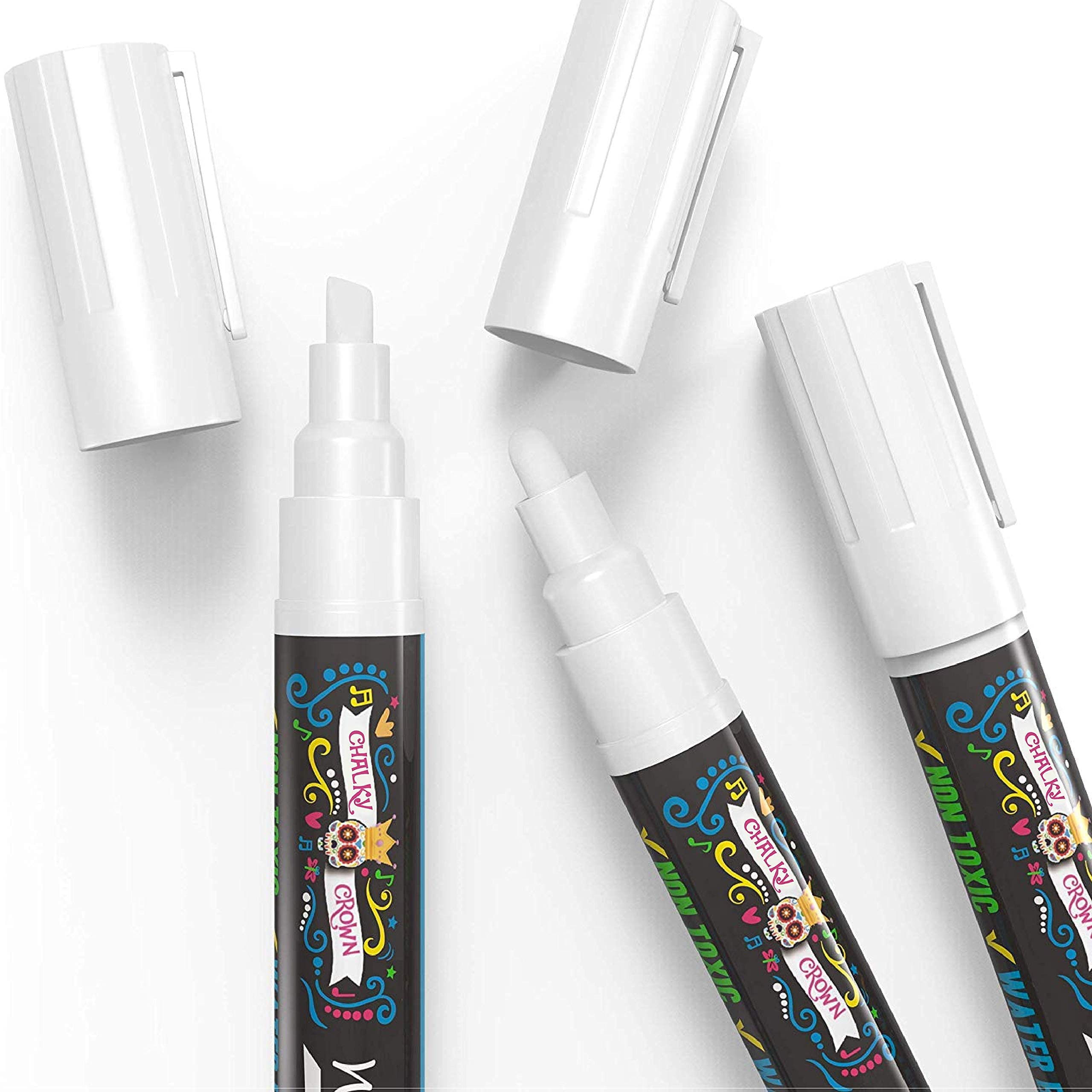 CHALKY CROWN Liquid Chalk Markers - 10 Pack White Dry Erase Pens with 6mm Reversible Tip for Chalkboard, Blackboard, Windows & Glass - Perfect for Restaurant Signs, Classroom Teaching, Retail Displays & DIY Projects