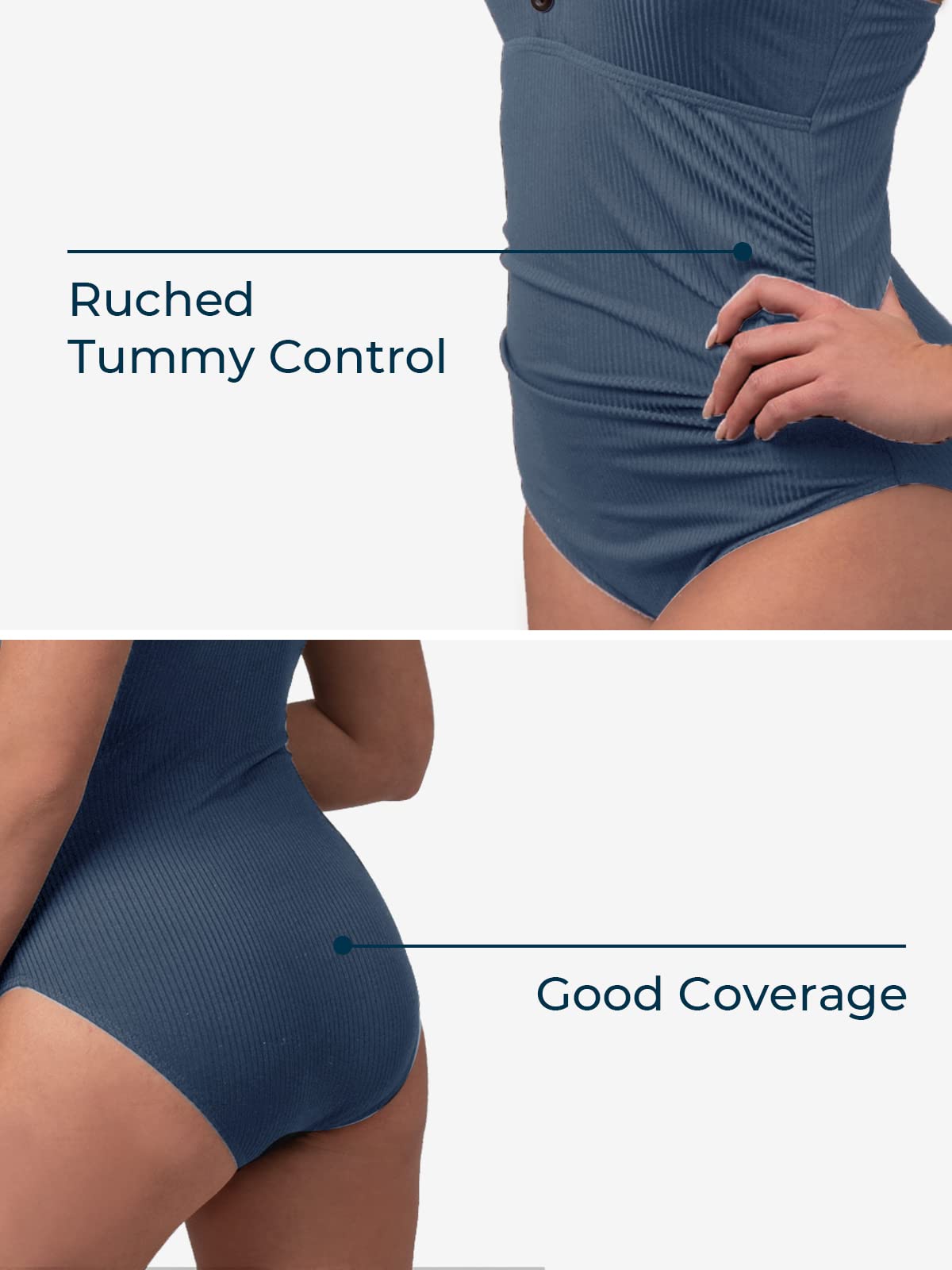 Women's Ribbed One Piece Swimwear - Tummy Control Retro Bathing Suit for Beach & Pool