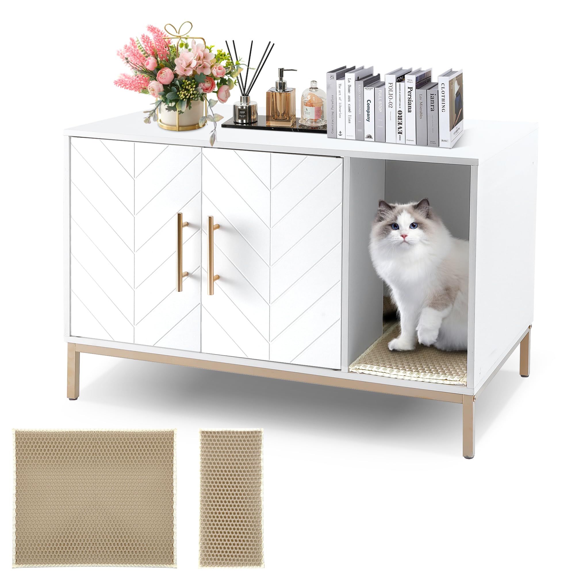 Premium Cat Litter Box Enclosure Furniture - Hidden Litter Box Cabinet with Double-Layer Litter Mat, Modern End Table & TV Stand Design for Living Room or Bedroom - Fits Most Standard Litter Boxes - Perfect for Small Spaces & Pet-Friendly Home Decor