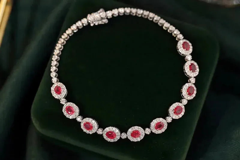 18K White Gold Women's Bracelet with Real Natural Ruby & Diamonds - Romantic Shiny Luxury Jewelry for Wedding, Anniversary & Special Occasions