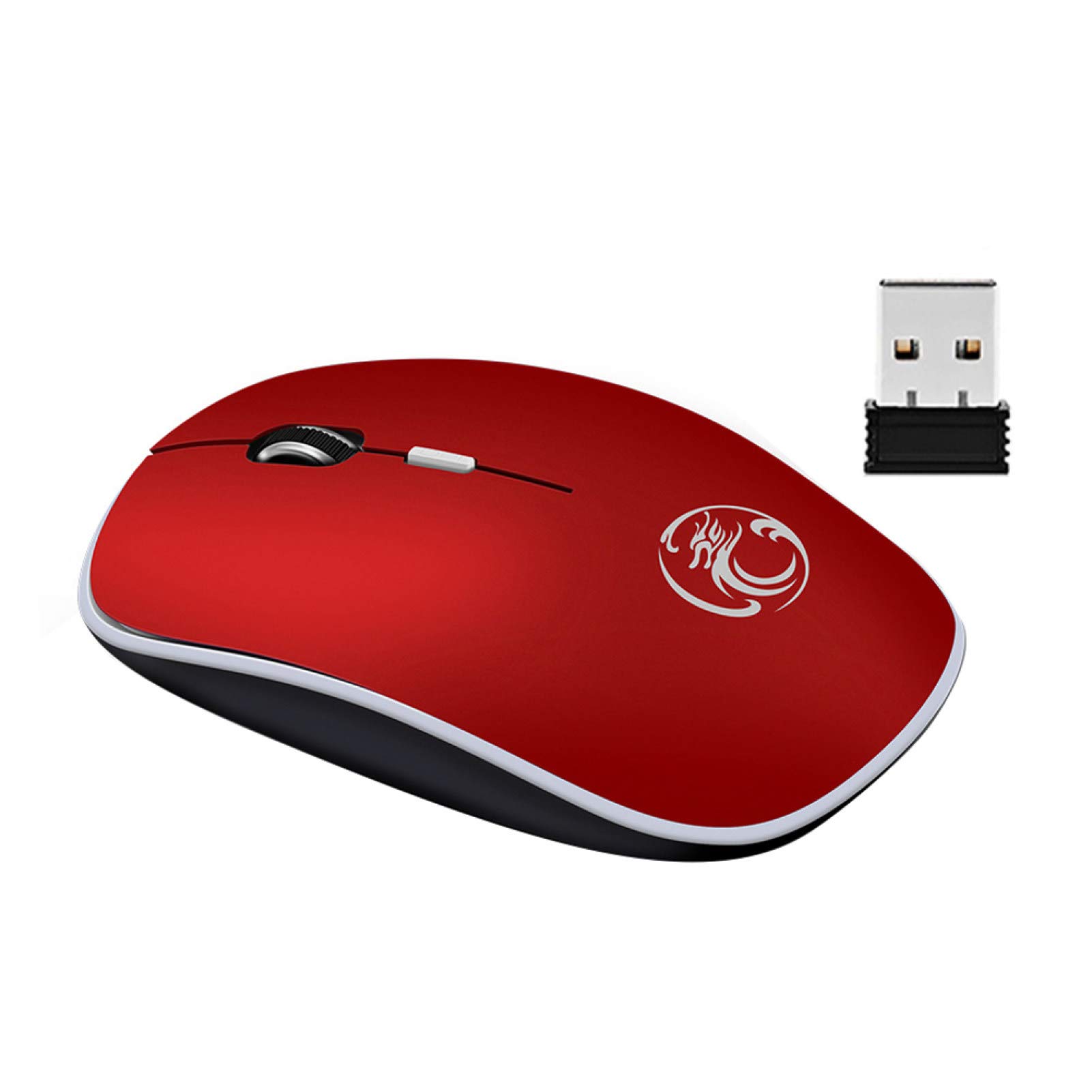 Wireless Silent Mouse 2.4GHz Ergonomic Optical Gaming Mouse with USB Receiver - 4 Programmable Buttons, Noiseless Click, Slim Portable Design for PC Laptop (Red) - Perfect for Office, Gaming, and Travel Use