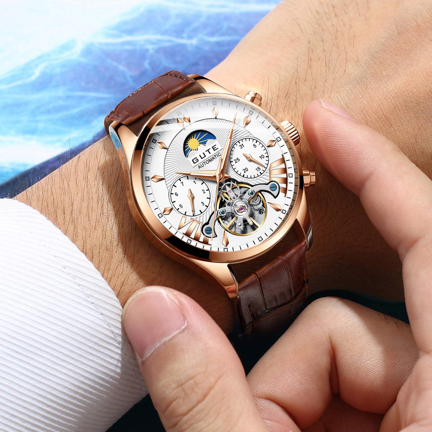 Premium Men's Automatic Skeleton Watch - Self-Winding Chronograph with Week Display & Genuine Leather Strap | Luxury Dress Watch for Business, Formal Occasions & Everyday Wear