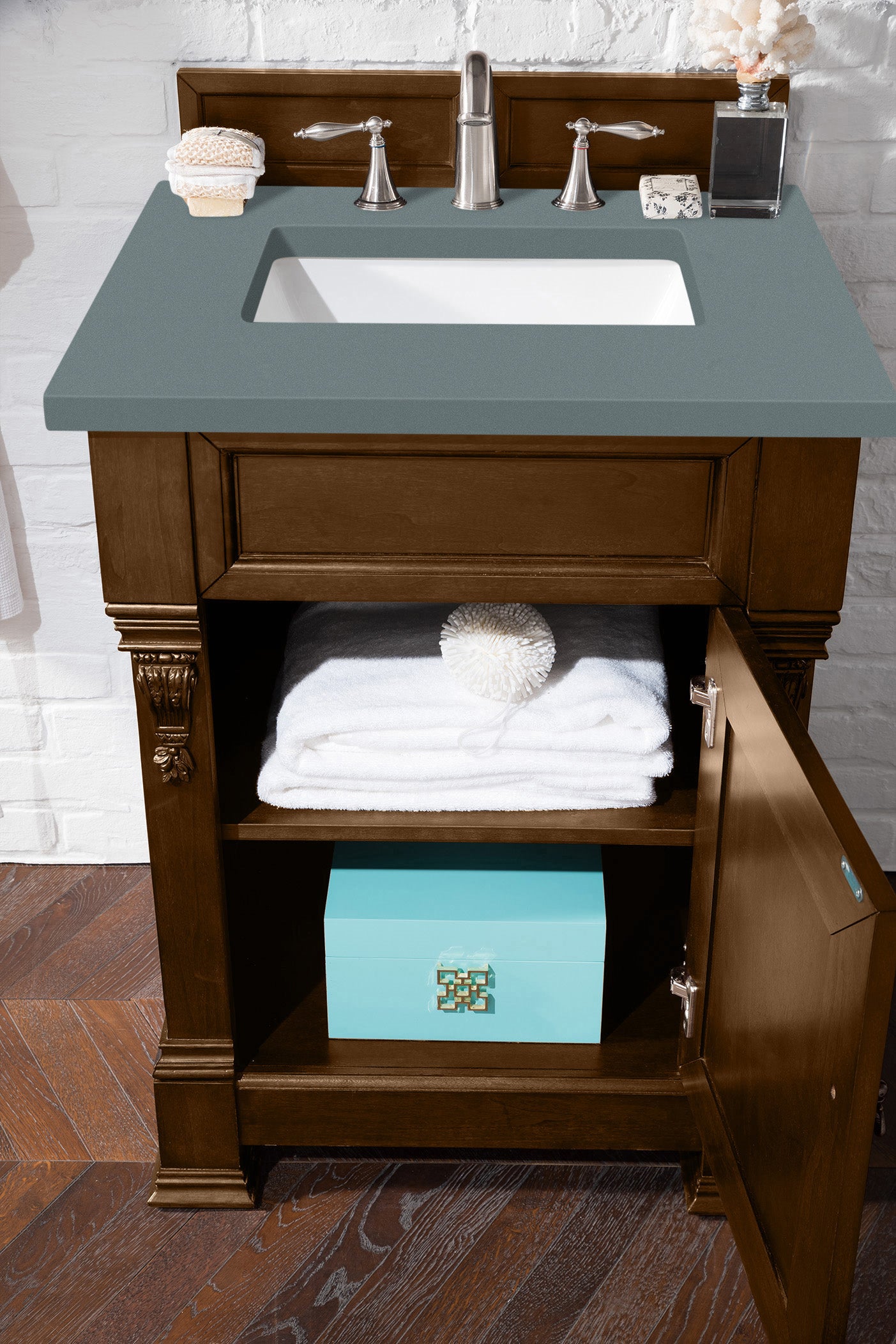 Brookfield 26-Inch Single Bathroom Vanity Set with Country Oak Finish & 3CM Calacatta Blue Quartz Countertop - Perfect for Modern Farmhouse & Coastal Bathroom Designs