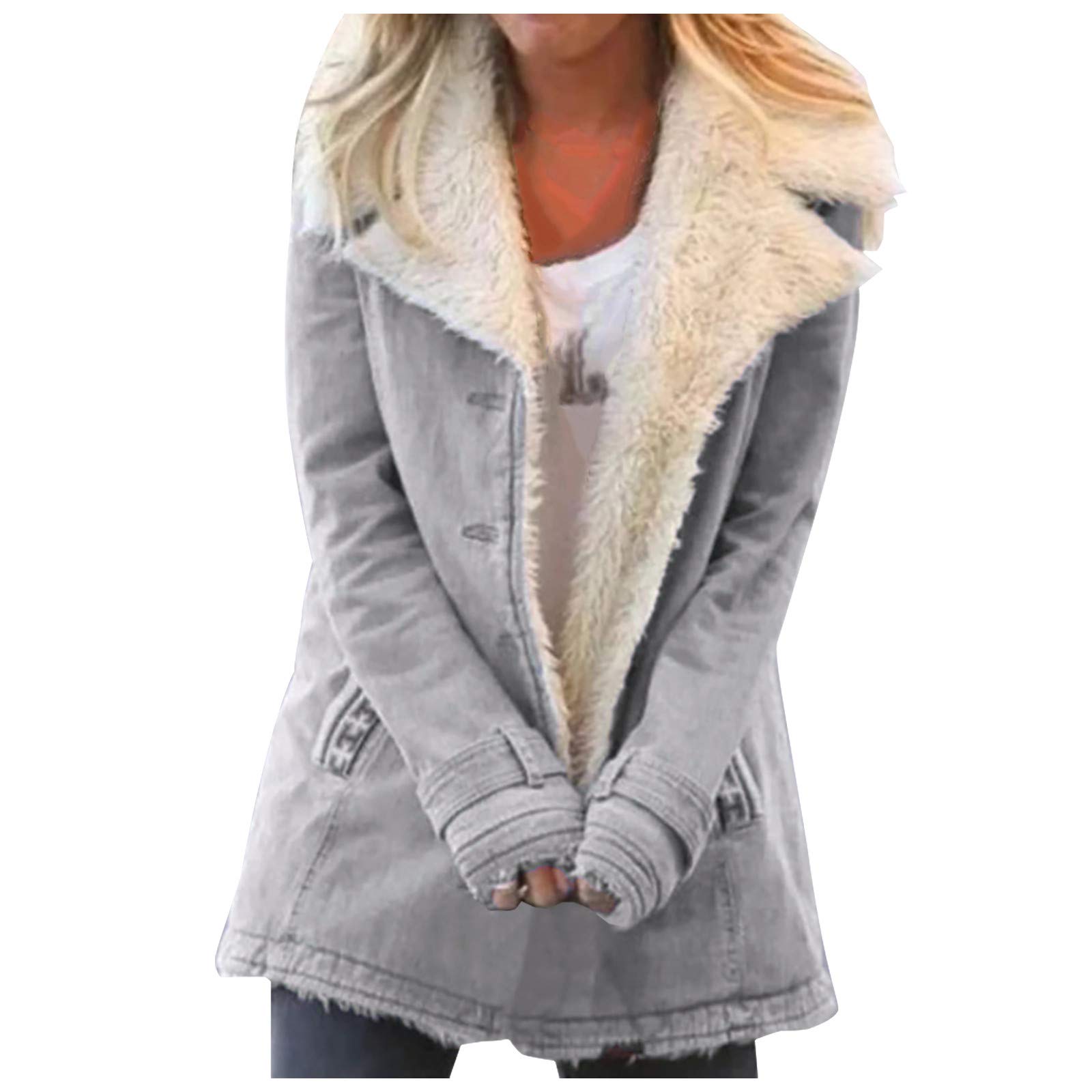 Women's Fashion Big Lapel Plush Coat - Contrast Warm Jacket Button Cardigan Overcoat | US Leather Jacket for Winter Outfits & Casual Style
