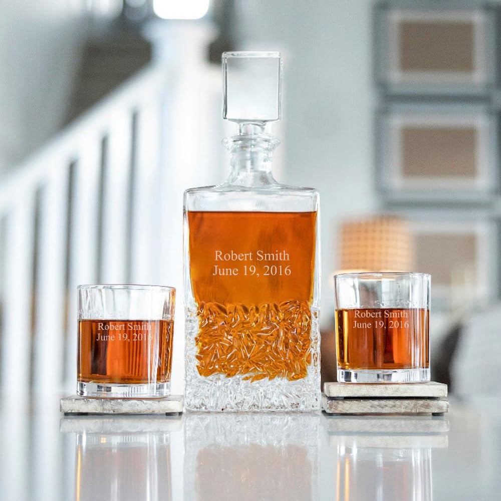 Custom Engraved Whiskey Decanter Set with 2 Glasses - Personalized Gift for Men - Perfect for Home Bar & Gifting
