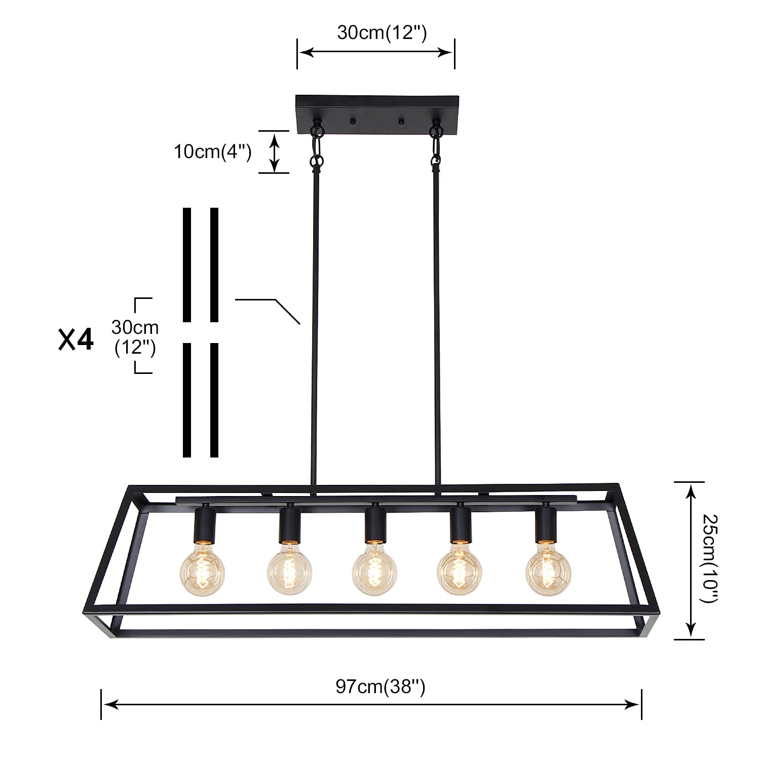 Modern Farmhouse Linear Pendant Light - 5-Light Black Industrial Rectangular Chandelier (38-Inch) for Kitchen Island, Dining Room, Living Room & Foyer - Perfect for Rustic Home Decor & Bar Lighting