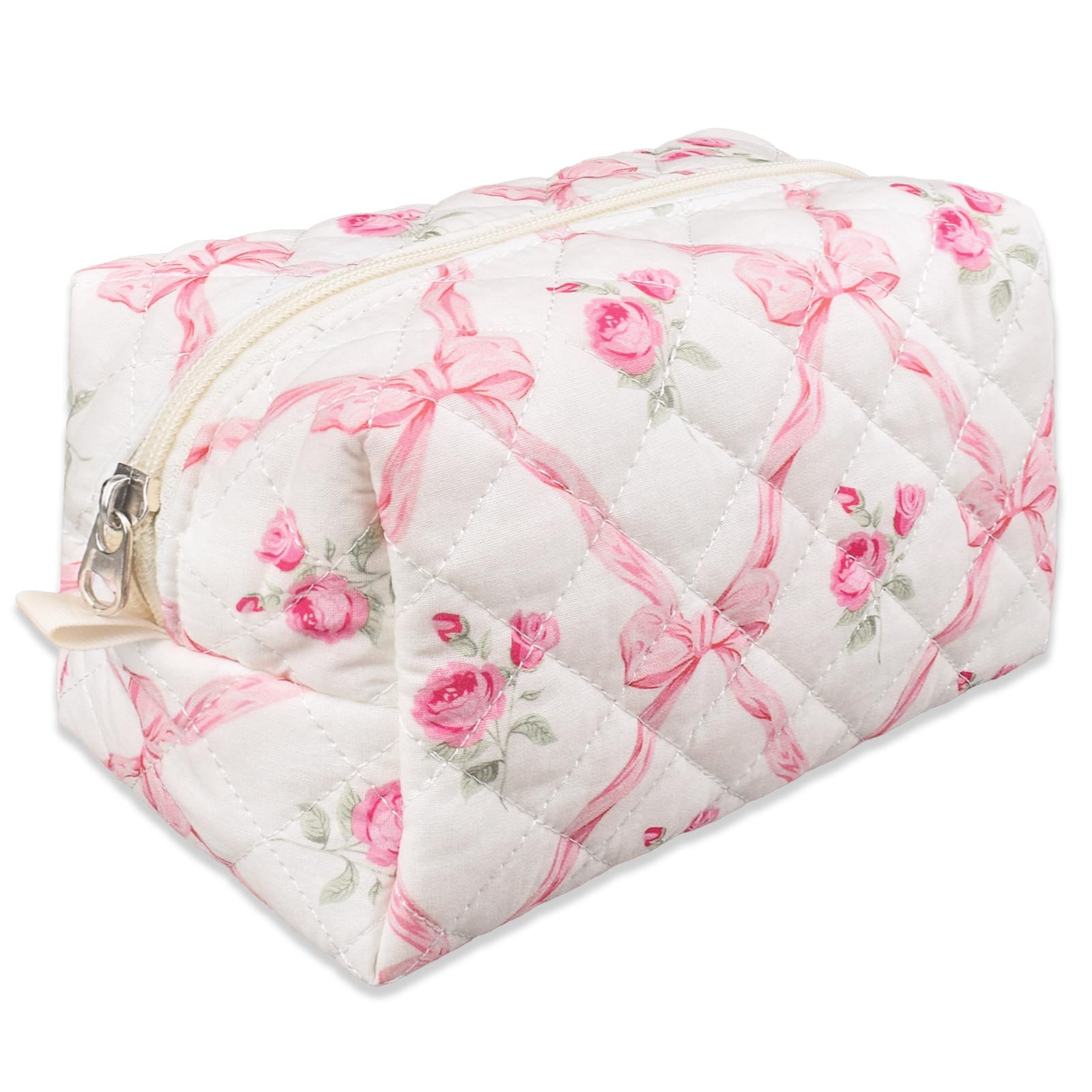 Quilted Makeup Bag for Women - Small Floral Travel Cosmetic Pouch with Brush Storage | Perfect for Travel, Gym & Daily Organizer | Cotton Makeup Organizer Bag