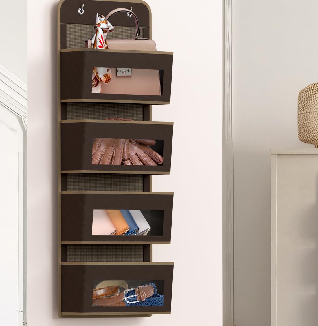 Simple Houseware Over Door/Wall Mount 4 Clear Window Pocket Organizer - Brown | Hanging Storage Solution for Bathroom, Bedroom, Kitchen & Office Organization