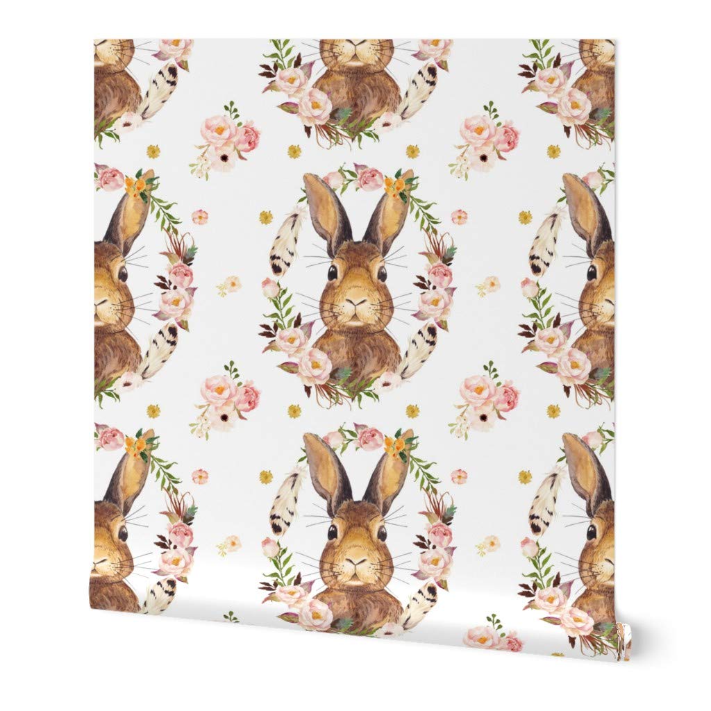Premium Bunny White Baby Girl Woodland Roses Floral Wallpaper - 27ft x 2ft Commercial Grade Peel & Stick - Perfect for Nursery, Bedroom & Kids Room Decor
