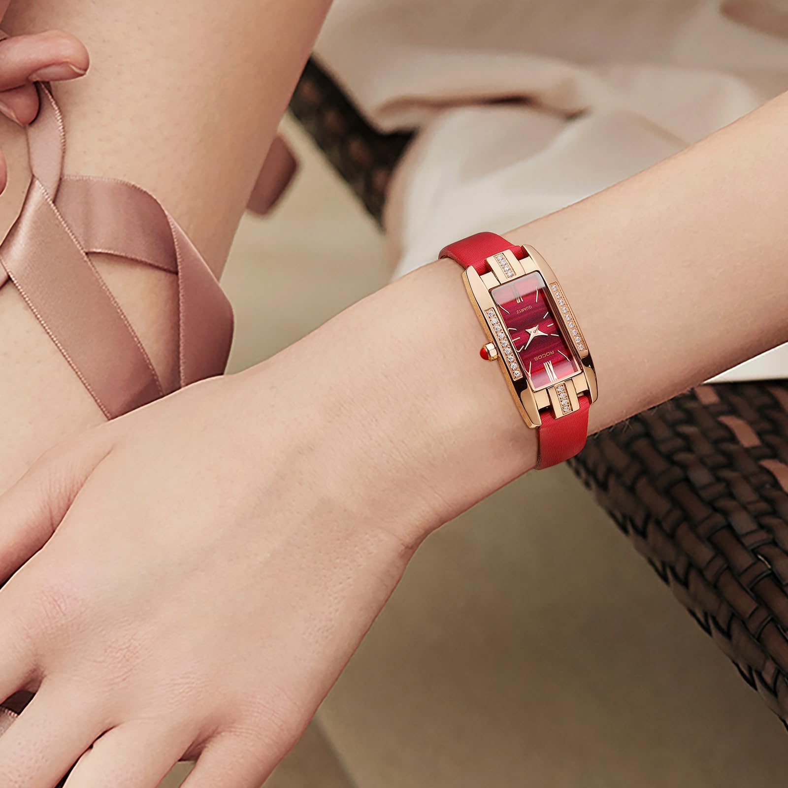 Elegant Women's Fashion Watch with Green/Red Dial & Leather Strap - Quartz Analog Dress Watch, Waterproof & Diamond Accent - Perfect for Office, Party & Casual Wear (Model RW0209S)