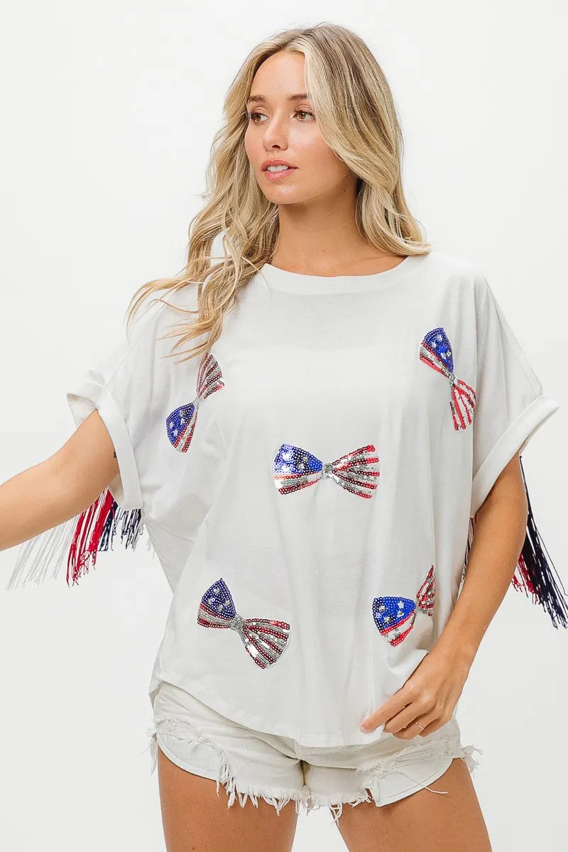 BiBi Patriotic American Flag Sequin Ribbon T-Shirt - Stylish USA Pride Top for Women, Perfect for 4th of July, Memorial Day & Independence Day Celebrations
