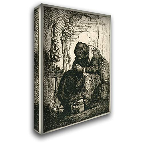 Rembrandt Old Woman Seated in Cottage with Onions Wall Art - 18x24 Gallery Wrapped Canvas Painting - Vintage Home Decor for Living Room, Bedroom & Office