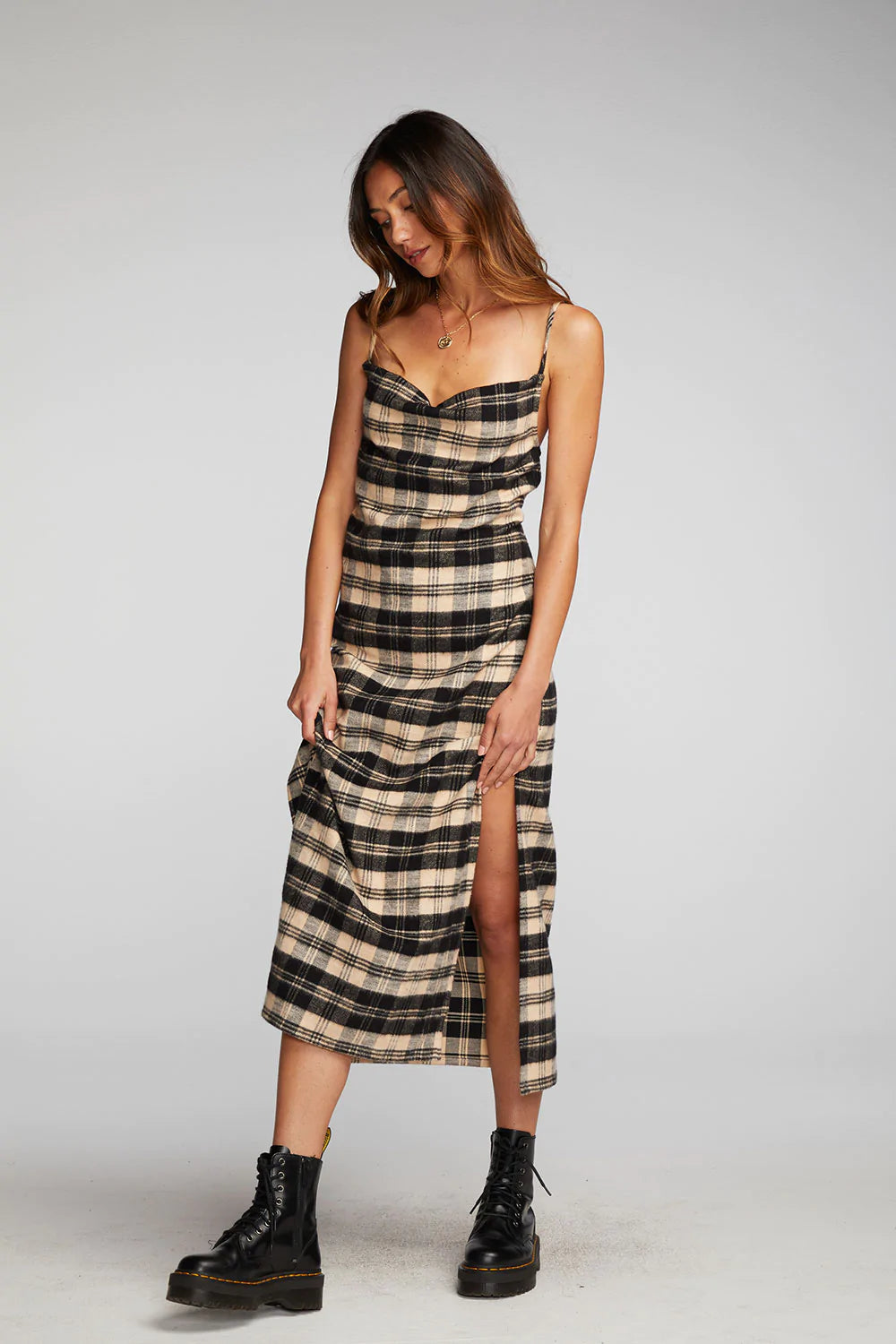 Flannel Midi Slip Dress for Women - Soft & Comfortable Black/Beige Fall Dress - Perfect for Casual Outings, Date Nights & Cozy Loungewear