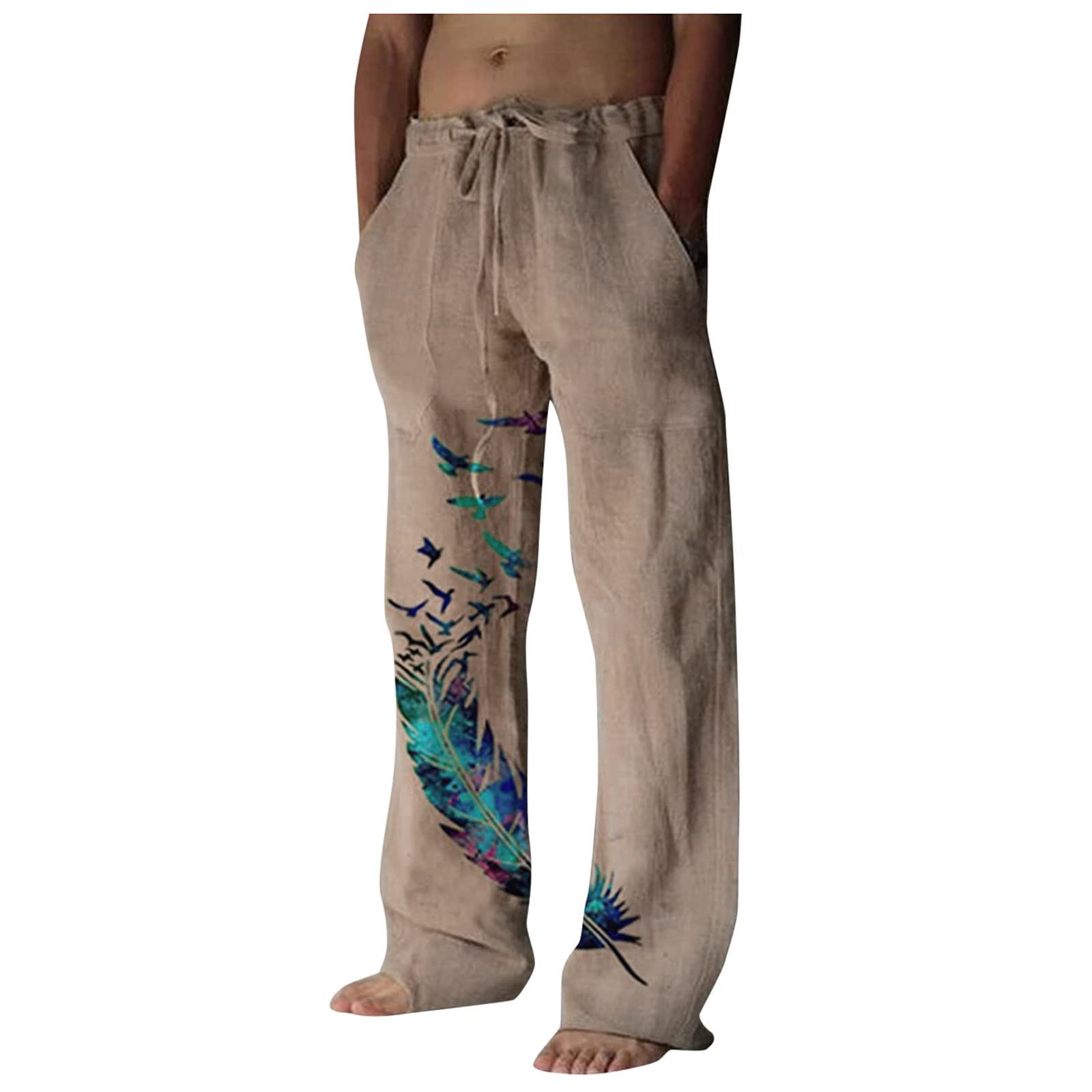 **Men's Bird Print Cotton Linen Pants - Casual Summer Wide Leg Yoga Pants for Plus Size - Perfect for Beach, Travel & Lounge Wear**