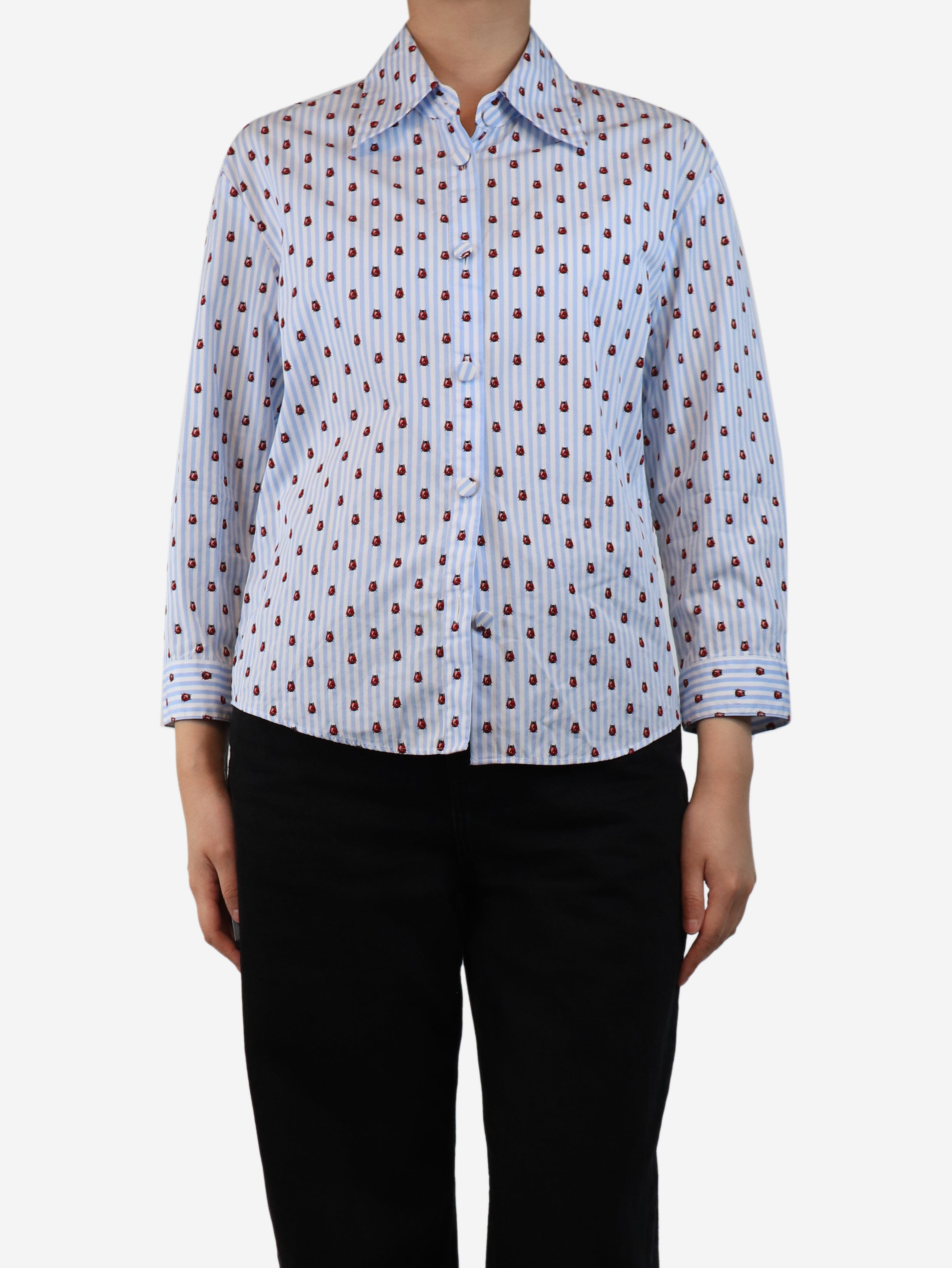 Blue and White Striped Ladybug Shirt - Women's Size UK 8 - Casual Summer Tops for Beach, Picnic & Outdoor Activities