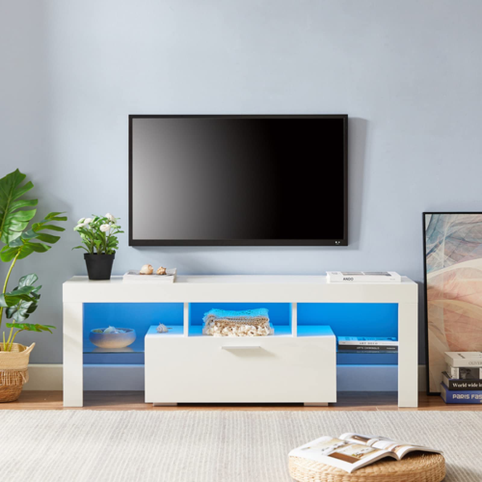 Modern White TV Stand for 55 Inch TV - High Glossy Entertainment Center with 16 Color LED Lights, Storage Drawers & Shelves, Corner TV Console Table (51