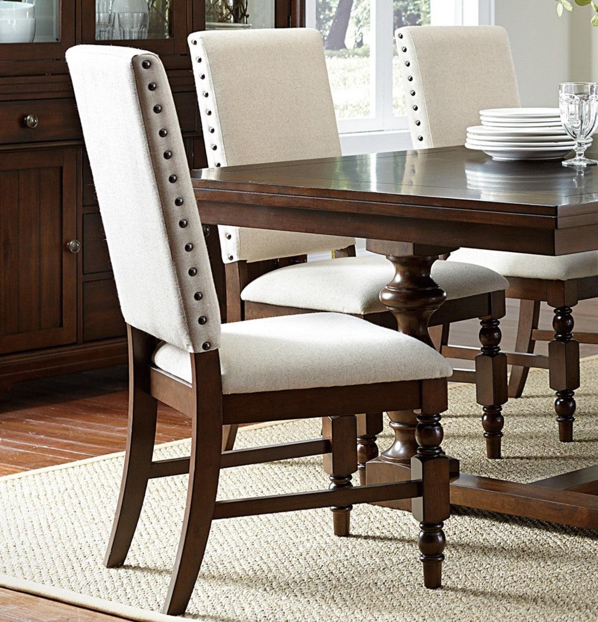 Dark Oak Finish Wooden Dining Chairs Set of 2 - Cream Upholstered Back Seat with Nailhead Trim - Modern Dining Room Furniture for Kitchen, Breakfast Nook & Formal Dining