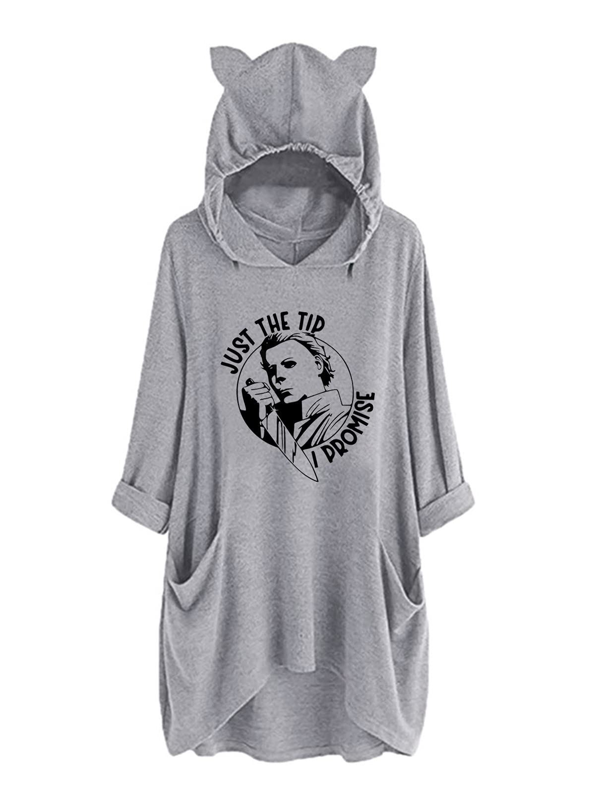 IOEGW Women's Michael Myers 'Just The Tip I Promise' Graphic Horror Movie Halloween Hoodie with Pockets | Cozy Pullover for Halloween Parties, Horror Conventions & Casual Wear