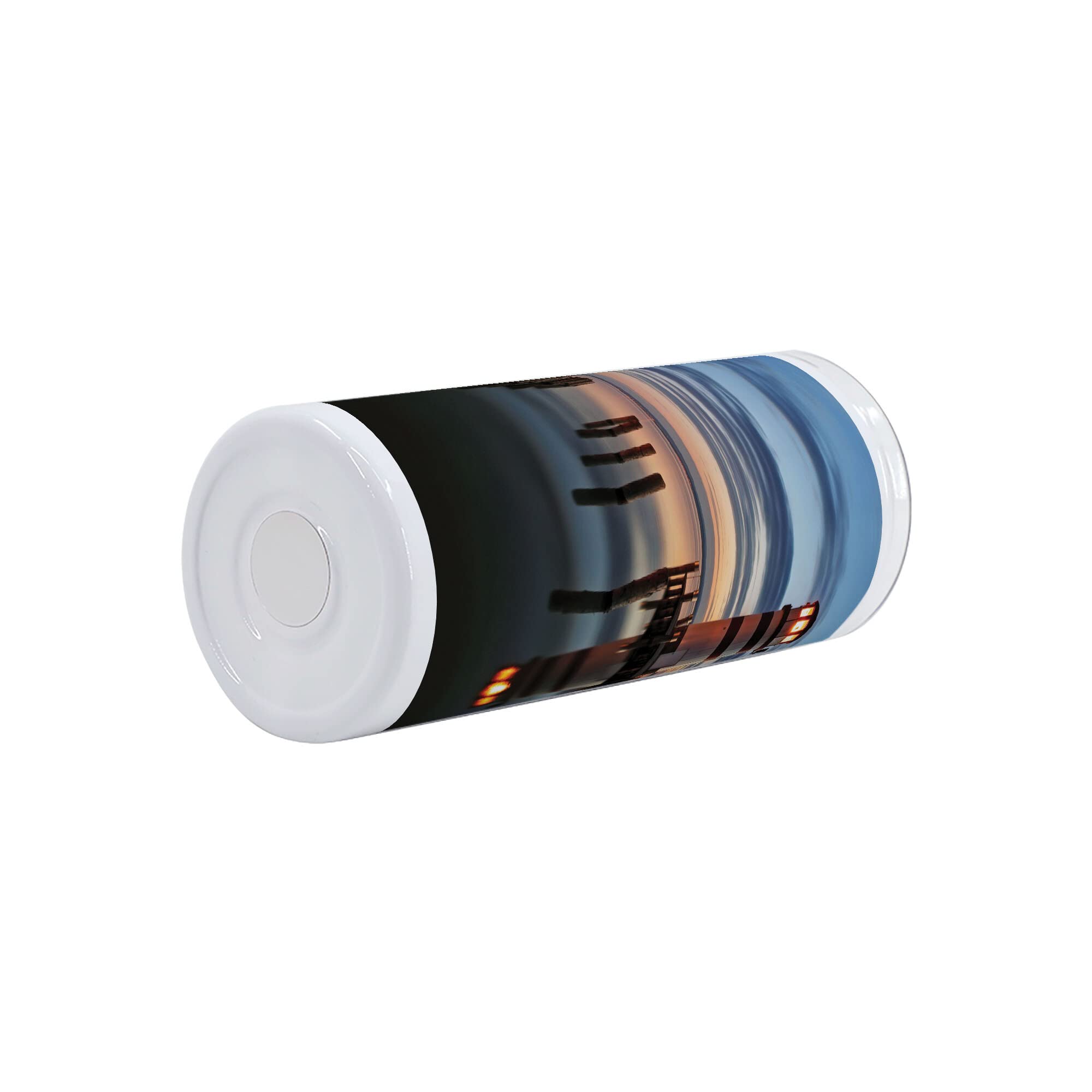 Ambesonne Lighthouse 12 Oz Skinny Tumbler - Vacuum Insulated Travel Mug with Calm Dusk Bay Lighthouse & Wooden Boardwalk Design, Leakproof Stainless Steel Canteen for Coffee, Tea & Cold Drinks - Perfect for Travel, Picnics, Office & Outdoor Adventures (Blue & Orange)
