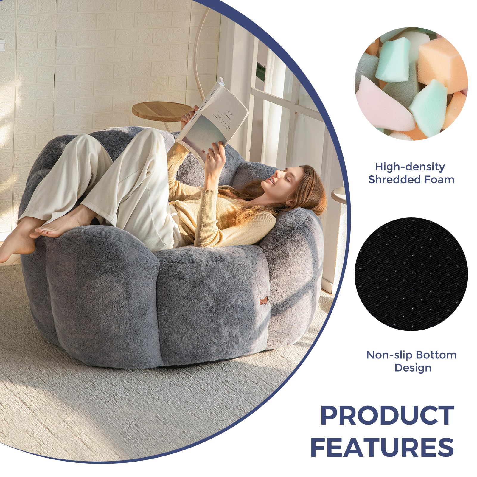 MAXYOYO Floral Bean Bag Chair - Ultra Soft Faux Fur Petal Back Sofa for Adults, Single Size Dark Grey - Perfect for Living Room, Bedroom & Game Room Relaxation