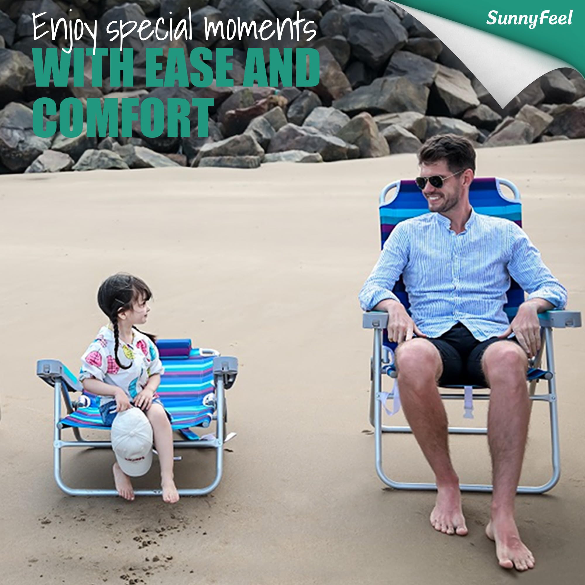 SUNNYFEEL Heavy Duty 500LB Tall Folding Beach Chair - Lightweight Portable Sand Chair for Adults with Cup Holders - Foldable High Back Camping Lawn Chair for Camping, Outdoor, Picnic, Concert, Sports, Beach, Backyard, Poolside Relaxation