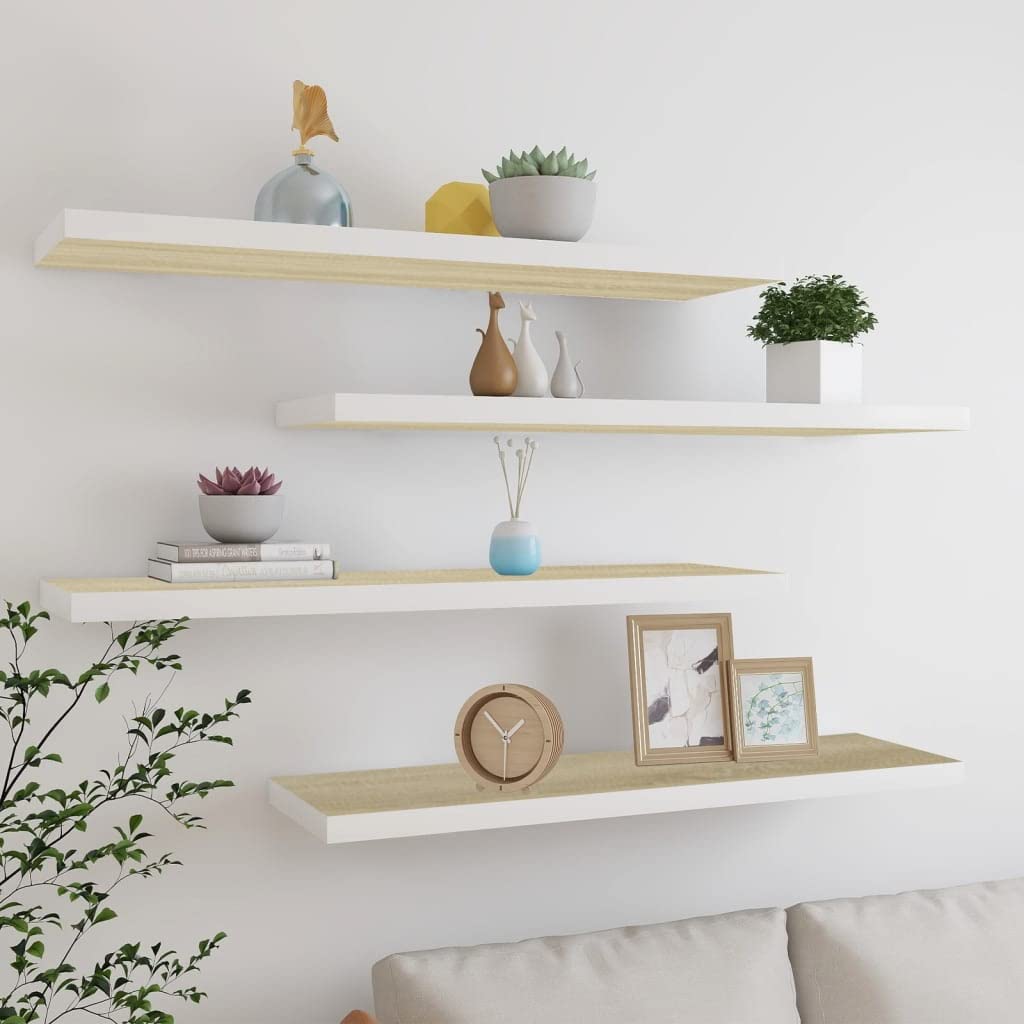 Floating Wall Shelves Set of 4 - Modern Oak & White MDF Display Shelves 47.2