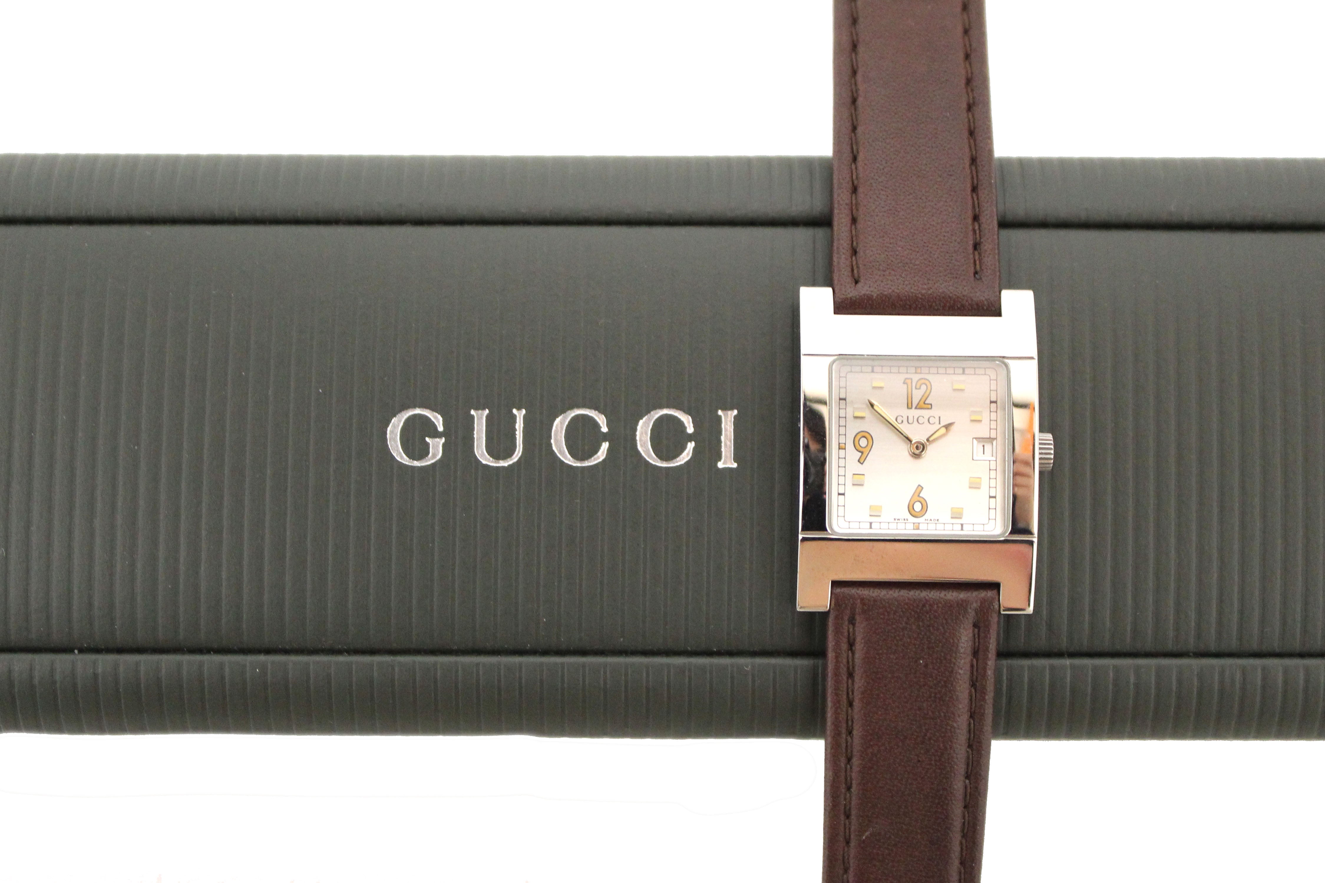 Authentic Gucci 7700L Silver Dial Brown Leather Band Date Square Quartz Watch for Men - Luxury Fashion Timepiece for Business, Party & Everyday Wear