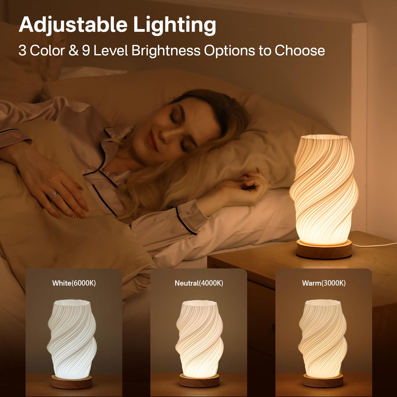 Wood Base Bedside Lamp - 12-Level Dimmable Nightstand Light with Button Control & PLA Shade for Bedroom, Living Room, Office - Perfect for Reading, Relaxing & Nighttime Use (White, Medium)