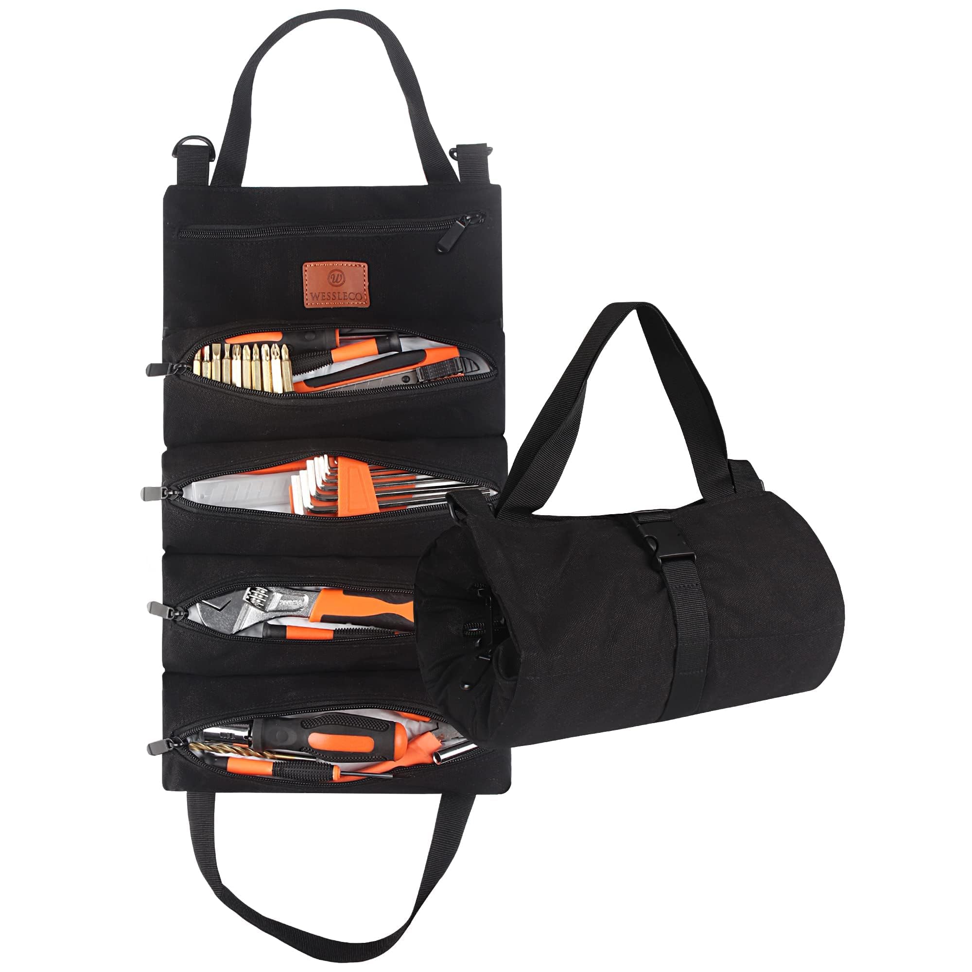 Heavy Duty 16OZ Canvas Roll Up Tool Bag with 5 Zippered Pockets - Multi-Purpose Wrench Roll Organizer for Mechanics, Electricians & DIY Projects - Perfect for Workshop, Garage & On-the-Go Repairs (Black)