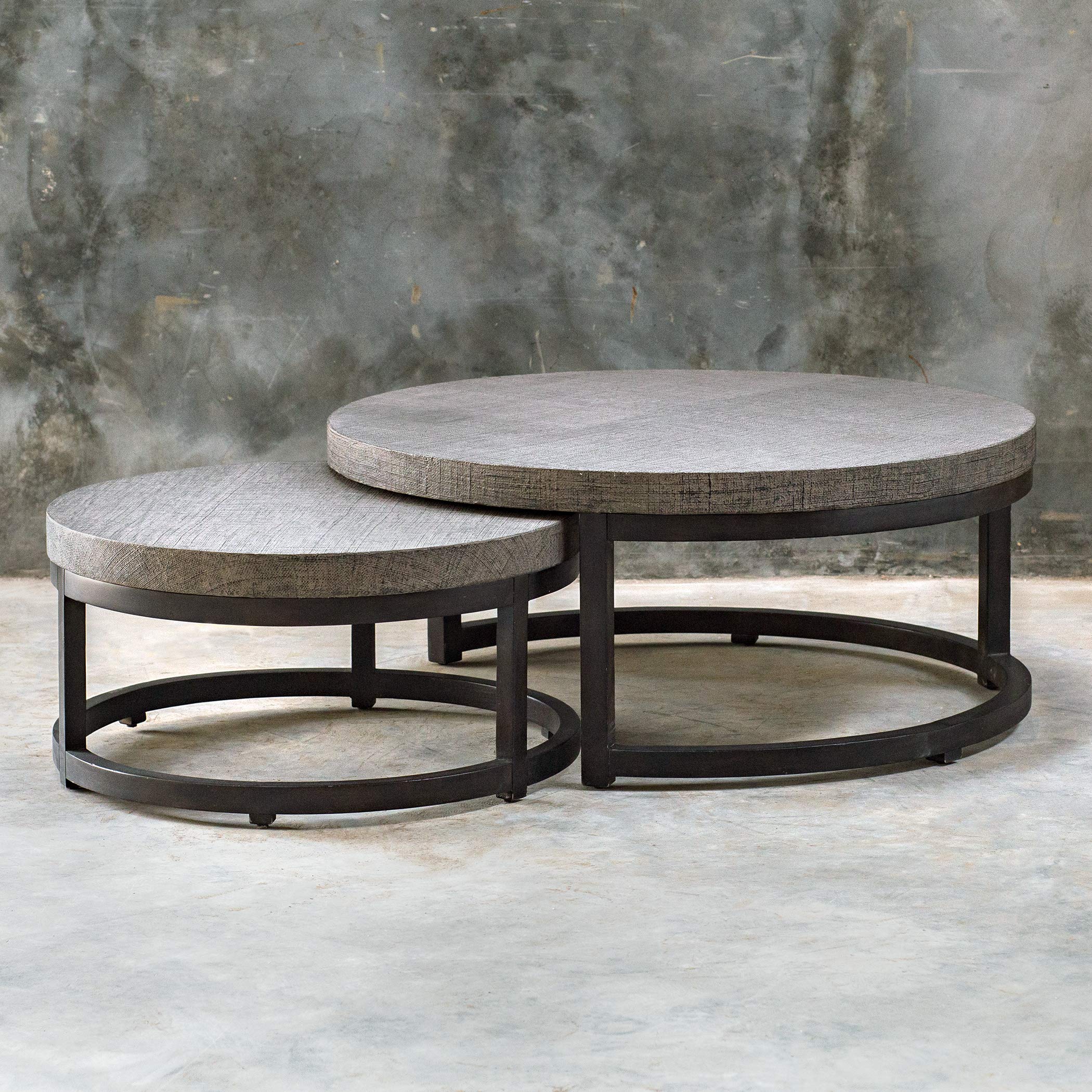 Rustic Modern Round Nesting Coffee Table Set - 2-Tier Geometric Iron for Living Room