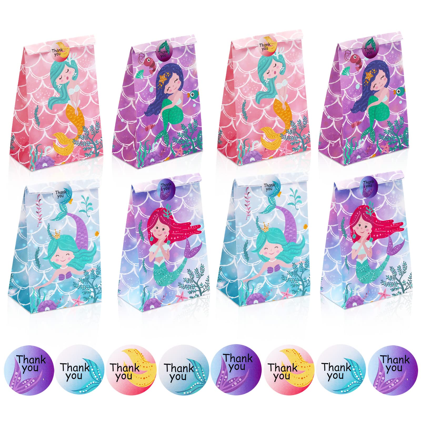 24 Pack Mermaid Party Favor Gift Bags for Girls - Mermaid Themed Birthday Party Supplies with Stickers - Perfect for Kids Birthday Parties, Baby Showers & Mermaid Decorations