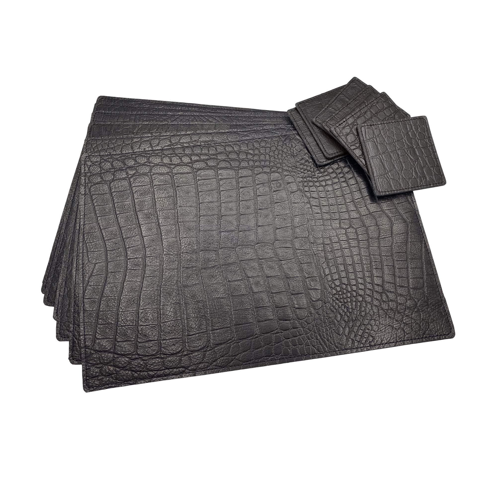 Premium Genuine Leather Placemats & Coasters Set - 6-Pack Crocodile Embossed Table Mats (17