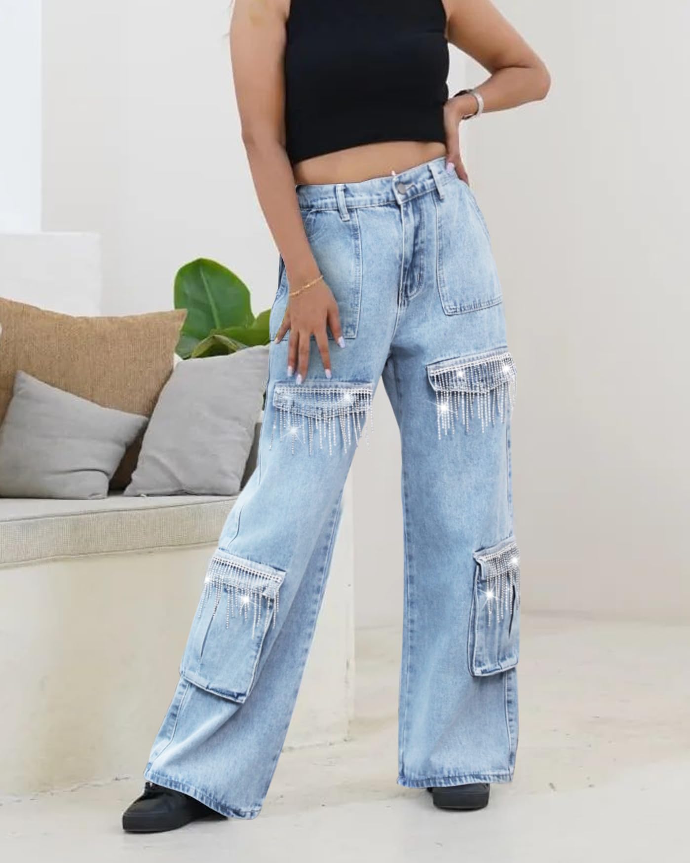 Sparkly Glitter Fringe Women's Cargo Denim Jeans - Nashville Wide Leg Pants with Rhinestone Tassel for Casual Wear & Night Out
