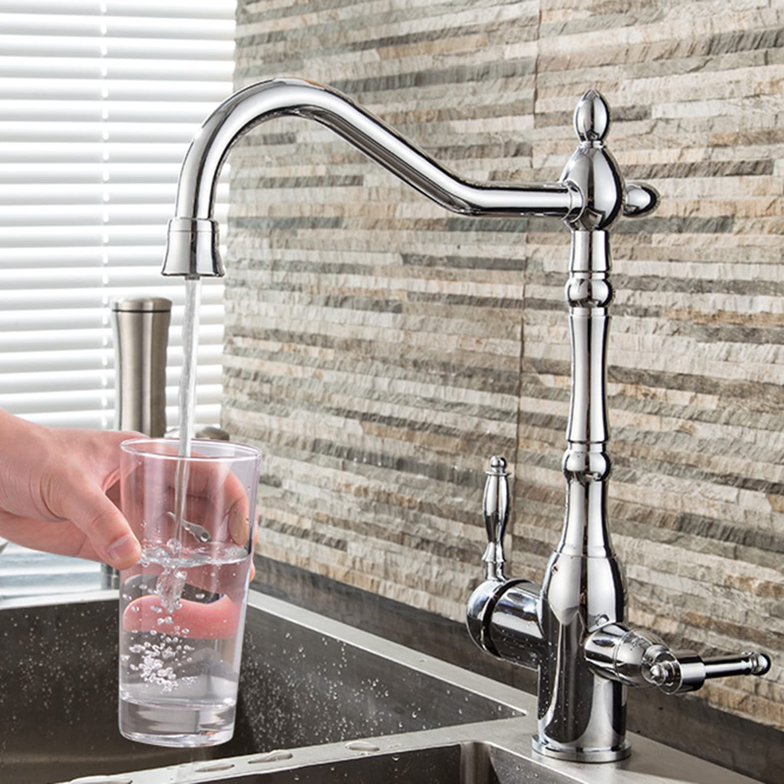 3-Way Brass Kitchen Faucet with Hot & Cold Water - Chrome Finish Swivel Sink Faucet for Modern Home, Restaurant & Commercial Use