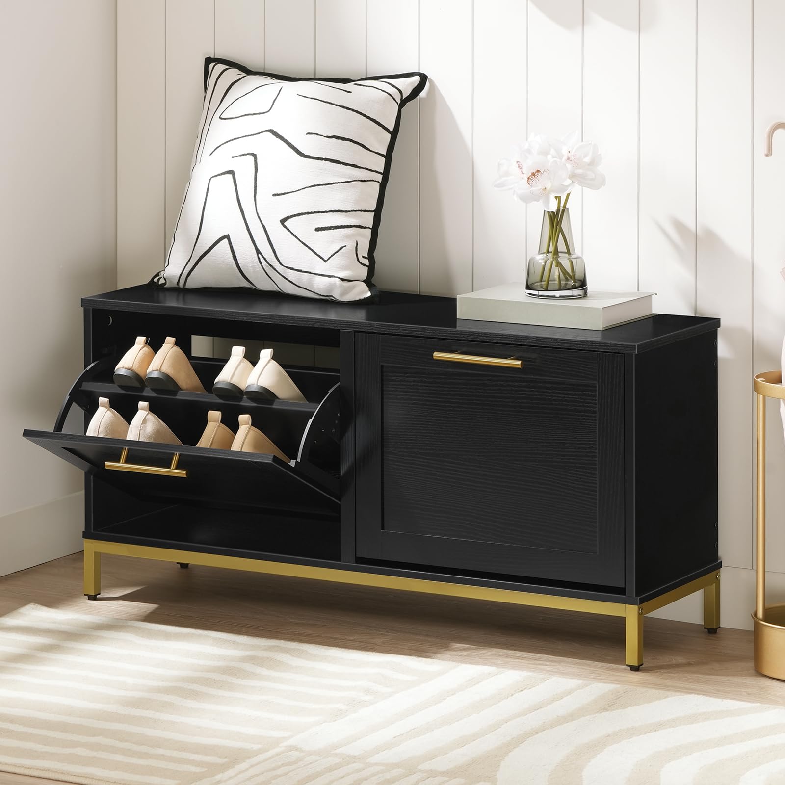 HOOBRO Entryway Shoe Bench with 2 Flip-Up Storage Drawers, Hidden Shoe Cabinet Organizer for Hallway, Foyer & Mudroom - Black & Gold Modern Design (DB48HX01) | Perfect for Small Spaces, Apartment Entryways & Shoe Storage Organization