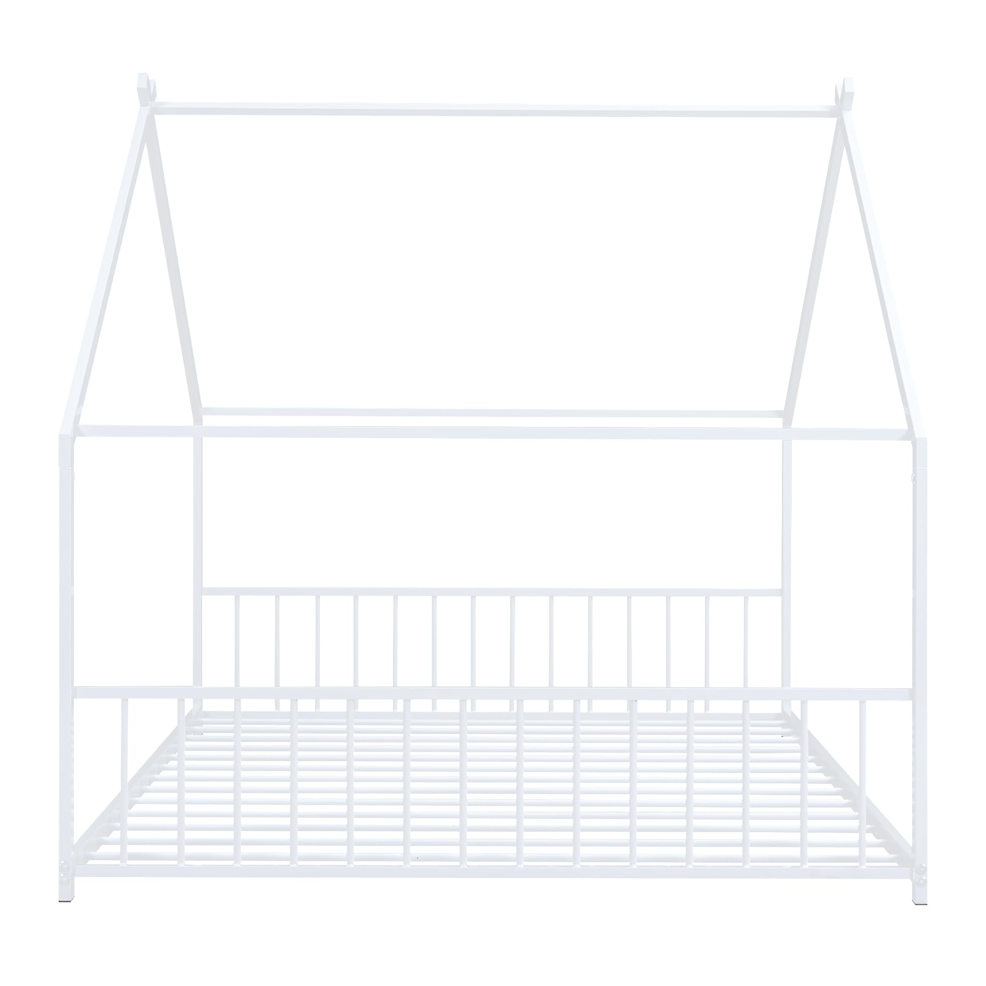 Montessori Metal Floor Bed Frame - Full Size House Bed with Headboard & Slats, Sturdy Kids Bed for Boys & Girls, White - Perfect for Montessori Bedrooms & Child-Friendly Spaces