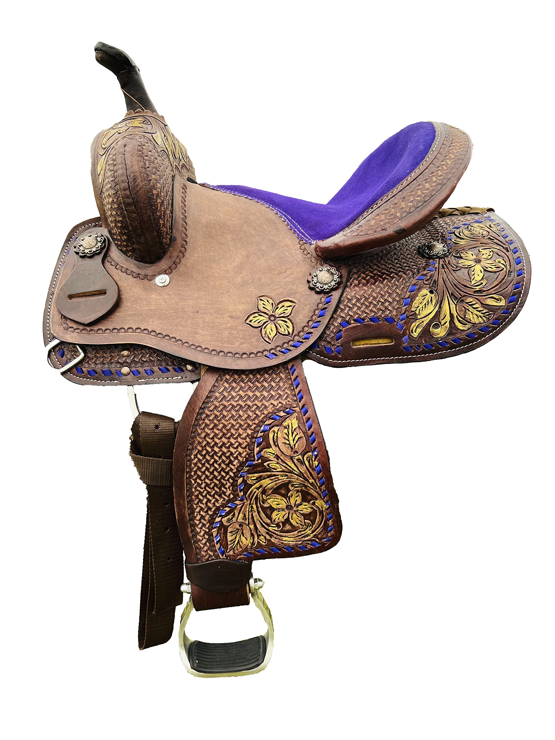 Western Kids Barrel Saddle - Genuine Leather Floral Tooled Youth Saddle for Horse Riding, Training & Rodeo Events | Perfect for Young Riders & Beginners