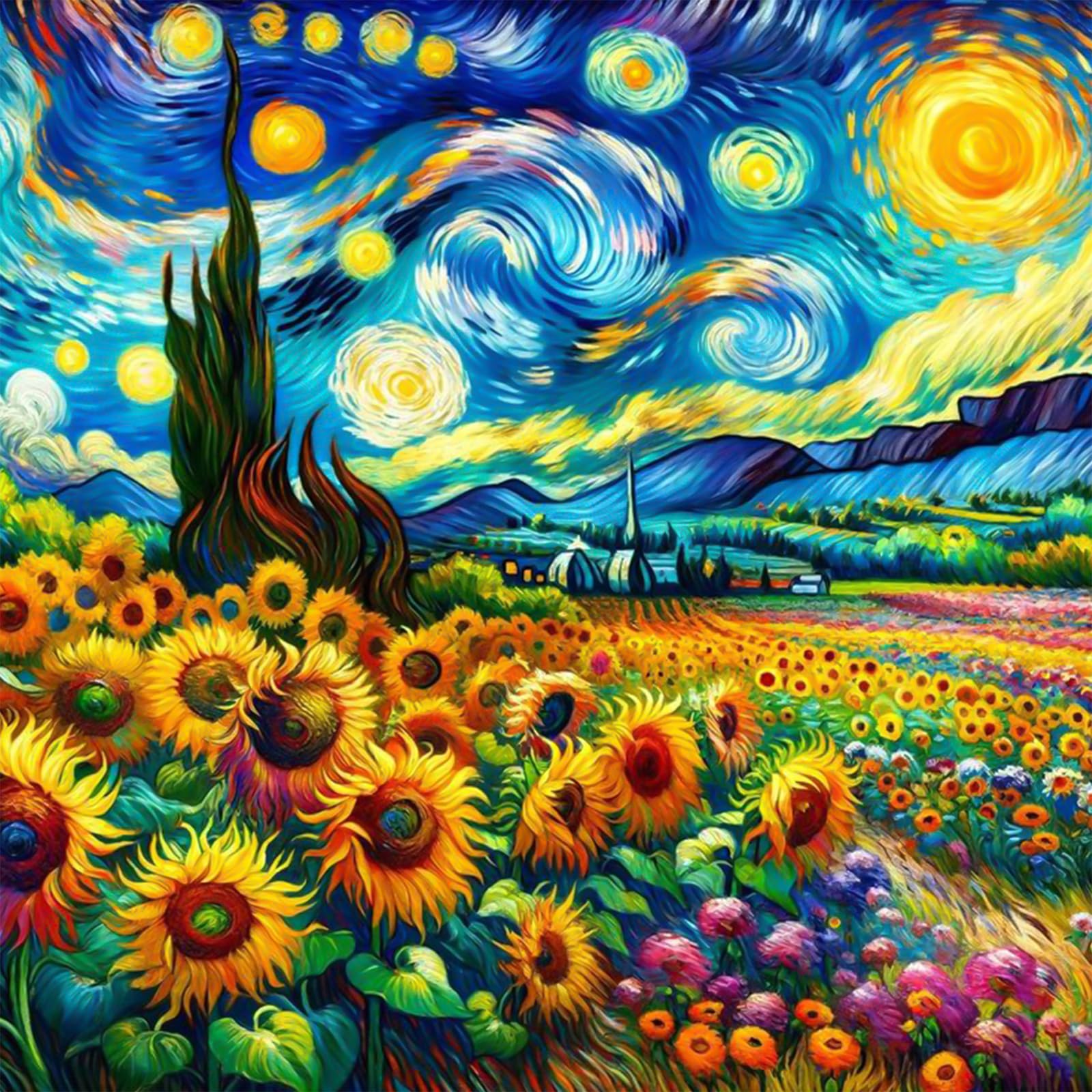 Sunflower Diamond Painting Kit for Adults - Round Drill Full Drill 12x12 Inch DIY Diamond Art Kits, Van Gogh Starry Night Inspired Home Wall Decor, Perfect Gift for Beginners & Craft Lovers - Relaxing Art Therapy for Stress Relief & Home Office Decoration