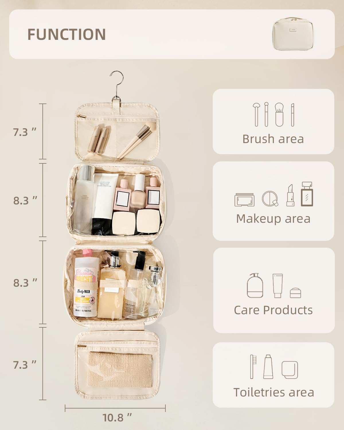 Waterproof Hanging Toiletry Bag for Travel - Medium Beige Cosmetic Organizer with Hook for Makeup, Toiletries & Full-size Bottles | Perfect for Airplane Carry-on, Camping & Gym Essentials