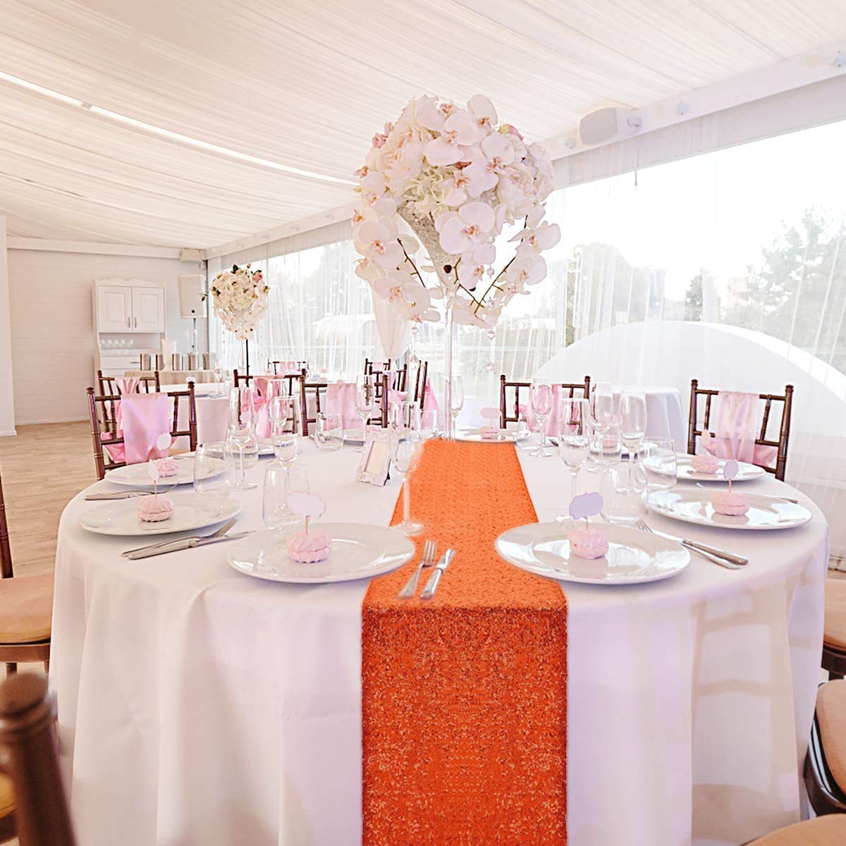Yuboo Burnt Orange Sequin Table Runners 12x108 Inch, 2 Pack Glitter Fabric Tablecloth - Elegant Decor for Spring, Easter, Birthday, Wedding, Bridal & Baby Shower Parties - Perfect for Dining Tables, Buffets, and Event Centerpieces
