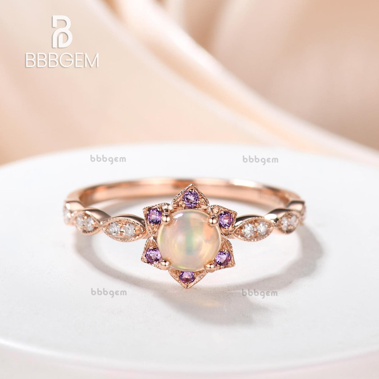 0.5 Carat Round Cut Opal & Amethyst Halo Engagement Ring in Rose Gold - Elegant Dainty Jewelry for Wedding, Proposal & Anniversary Gifts