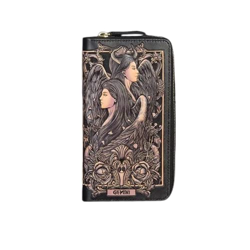 Gemini Zodiac Sign Men's 3D Genuine Leather Biker Wallet - Handmade Carved Long Wallet with Airbrush Art - Custom Personalized Gift for Men (Perfect for Bikers, Motorcycle Enthusiasts & Zodiac Lovers)