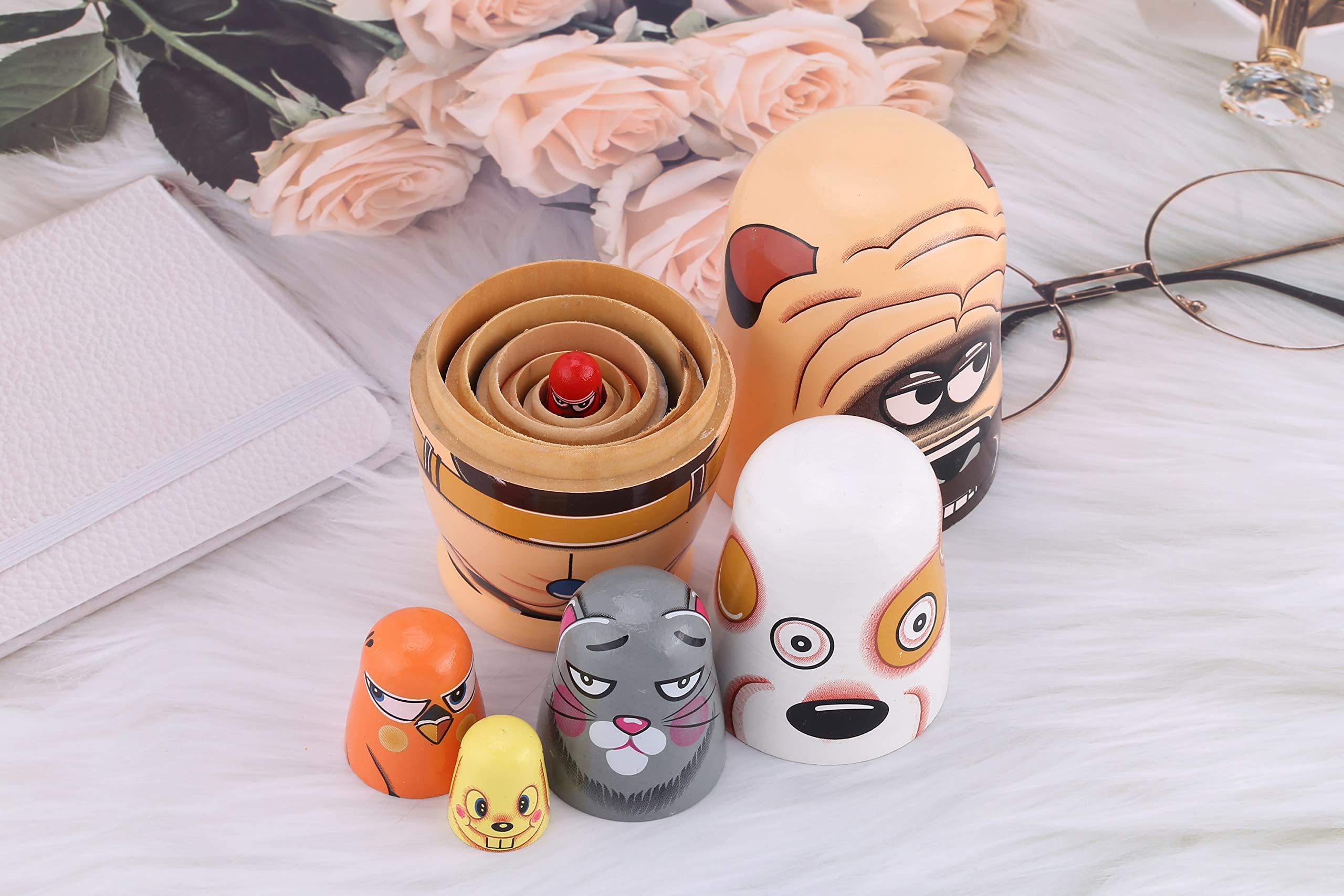 Yoption 5Pcs Handmade Russian Nesting Dolls - Wooden Cute Dog Matryoshka Dolls Set for Kids, Christmas Birthday Gift, Home Decor & Collectible (Cute Dogs Design) | Perfect for Nursery Decor, Kids Room, Gift Giving & Russian Culture Enthusiasts