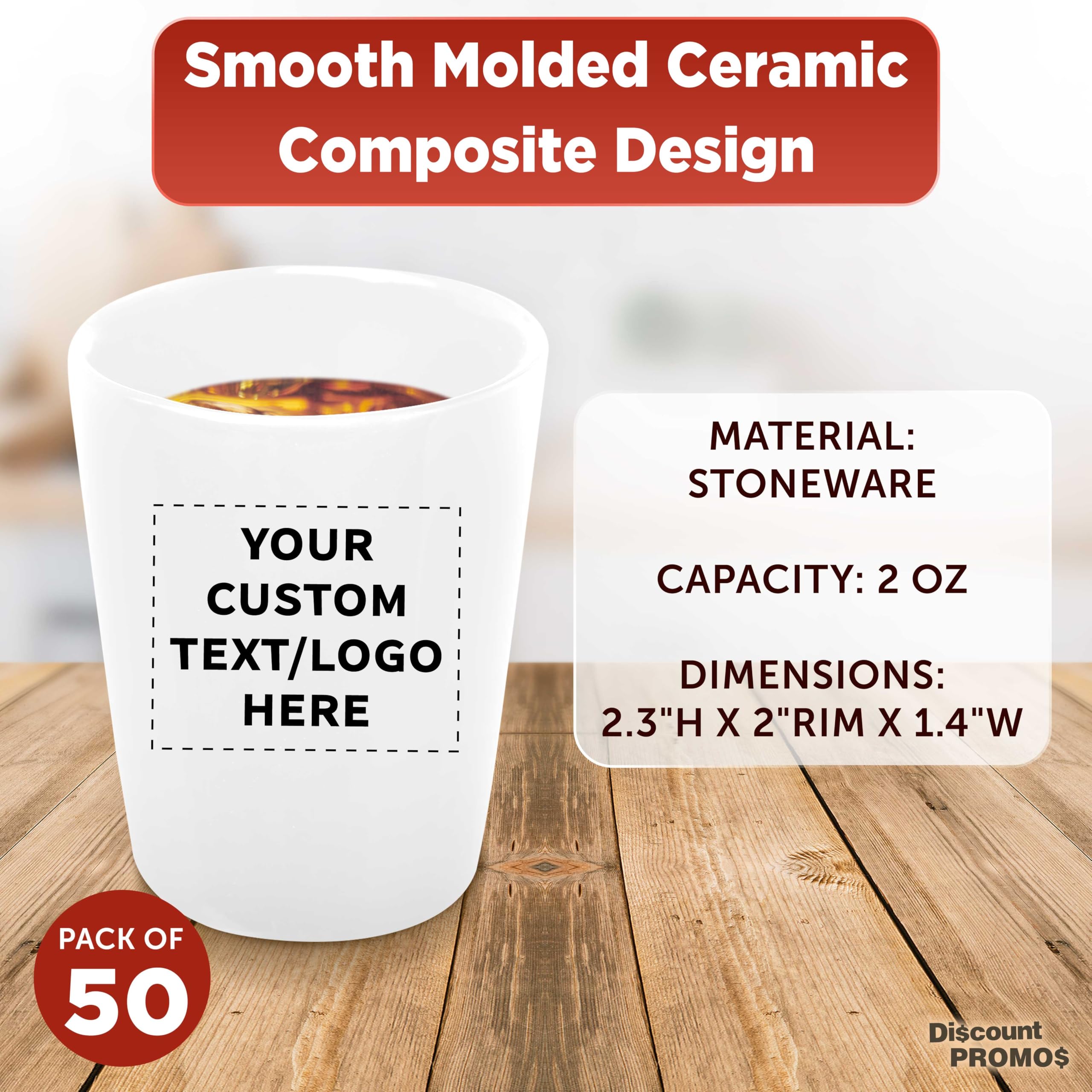 50-Piece Customizable Ceramic Shot Glasses Set (2 oz) - Personalized Text & Logo - Glossy White Barware for Parties, Weddings & Events - Durable Drinkware for Cocktails, Tequila & Shots