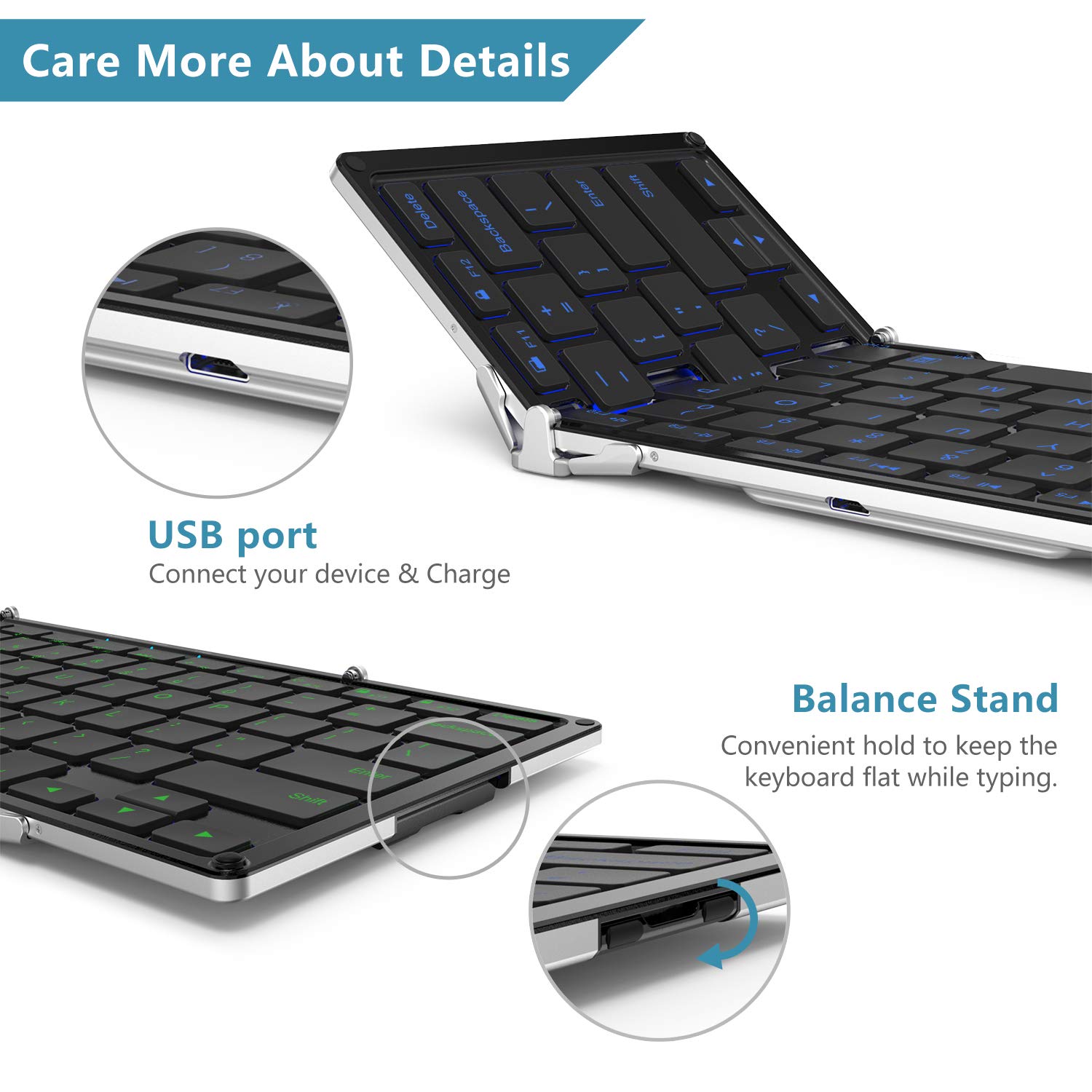 iClever BK05 Bluetooth 5.1 Keyboard - 3-Color Backlit, Foldable, Multi-Device Compatible with iOS/Android/Windows - Aluminum Alloy Base for Tablets, Smartphones, Laptops & PC | Perfect for Travel, Office & Home Use